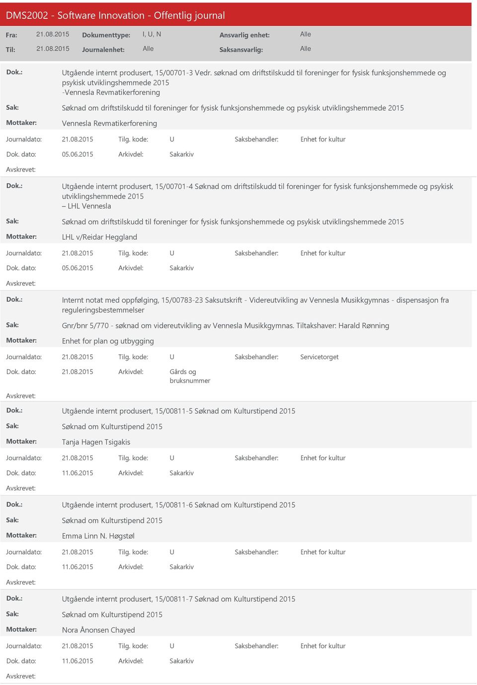 psykisk utviklingshemmede 2015 Revmatikerforening tgående internt produsert, 15/00701-4 Søknad om driftstilskudd til foreninger for fysisk funksjonshemmede og psykisk utviklingshemmede 2015 LHL