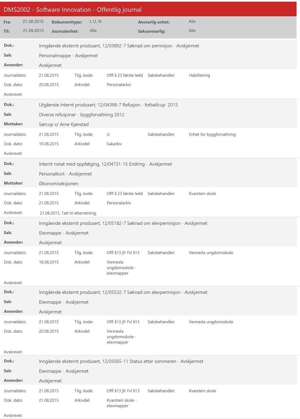 2015 Internt notat med oppfølging, 12/04731-15 Endring - Personalkort - Kvarstein skole, Tatt til etterretning, Inngående eksternt produsert, 12/05182-7 Søknad om