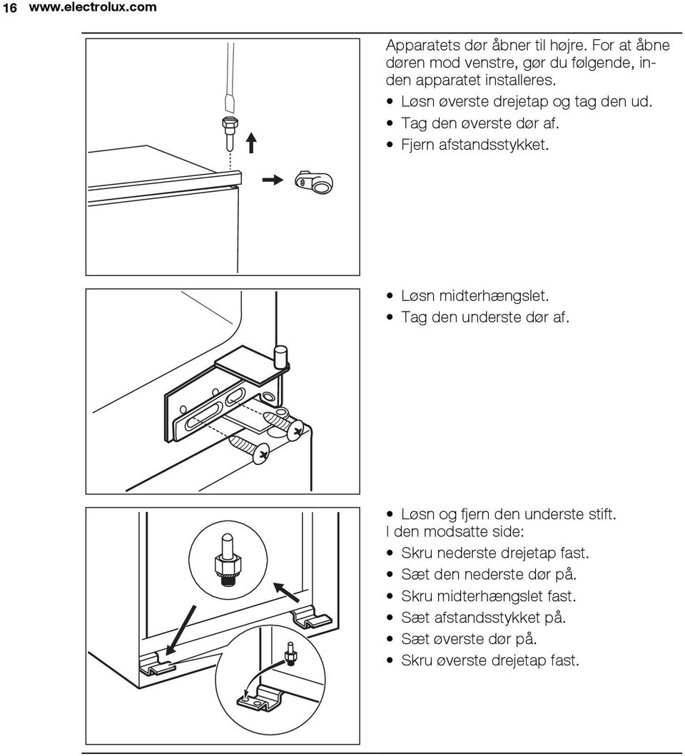 Tag den øverste dør af. Fjern afstandsstykket. Løsn midterhængslet. Tag den underste dør af.