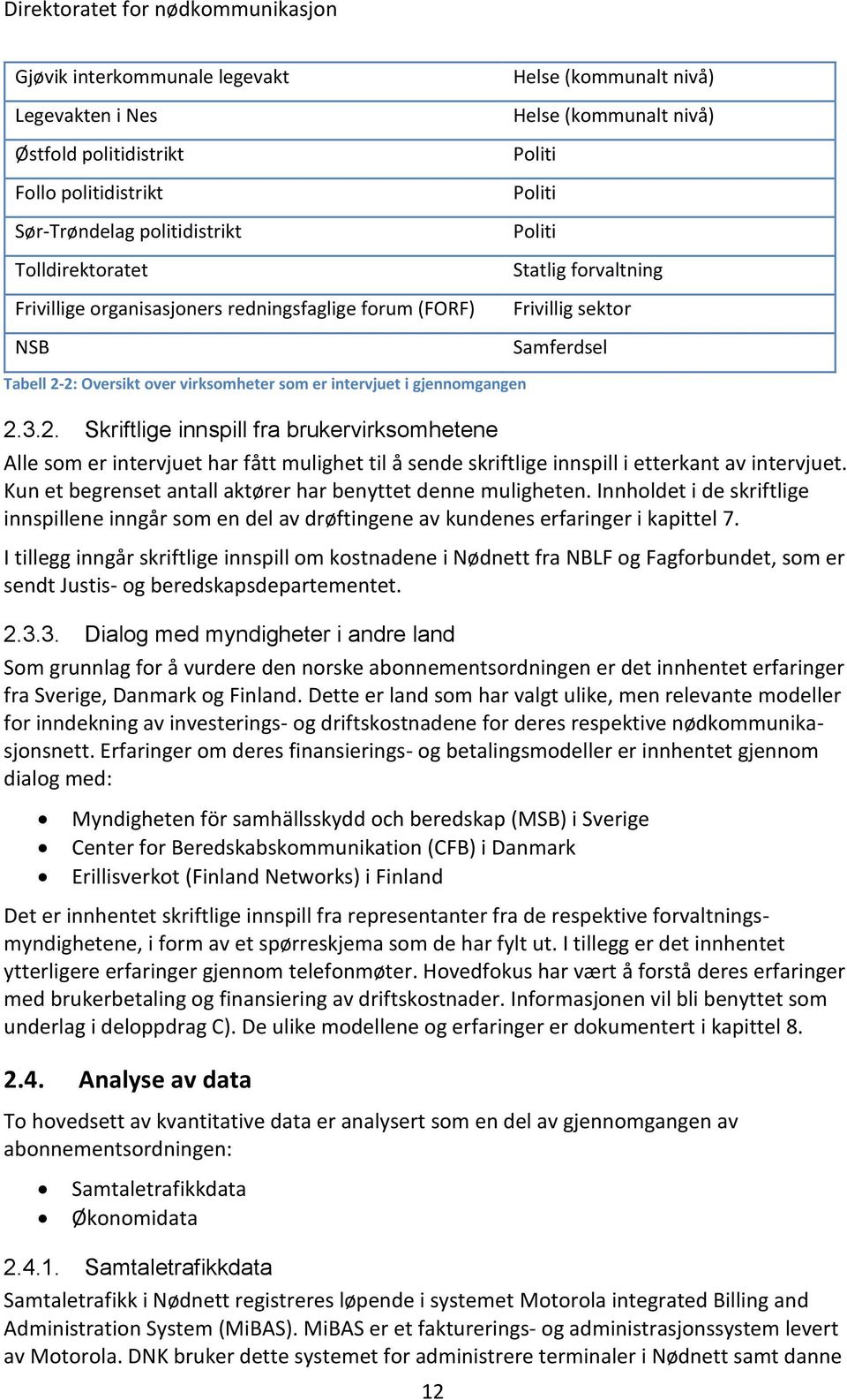 2: Oversikt over virksomheter som er intervjuet i gjennomgangen 2.3.2. Skriftlige innspill fra brukervirksomhetene Alle som er intervjuet har fått mulighet til å sende skriftlige innspill i etterkant av intervjuet.