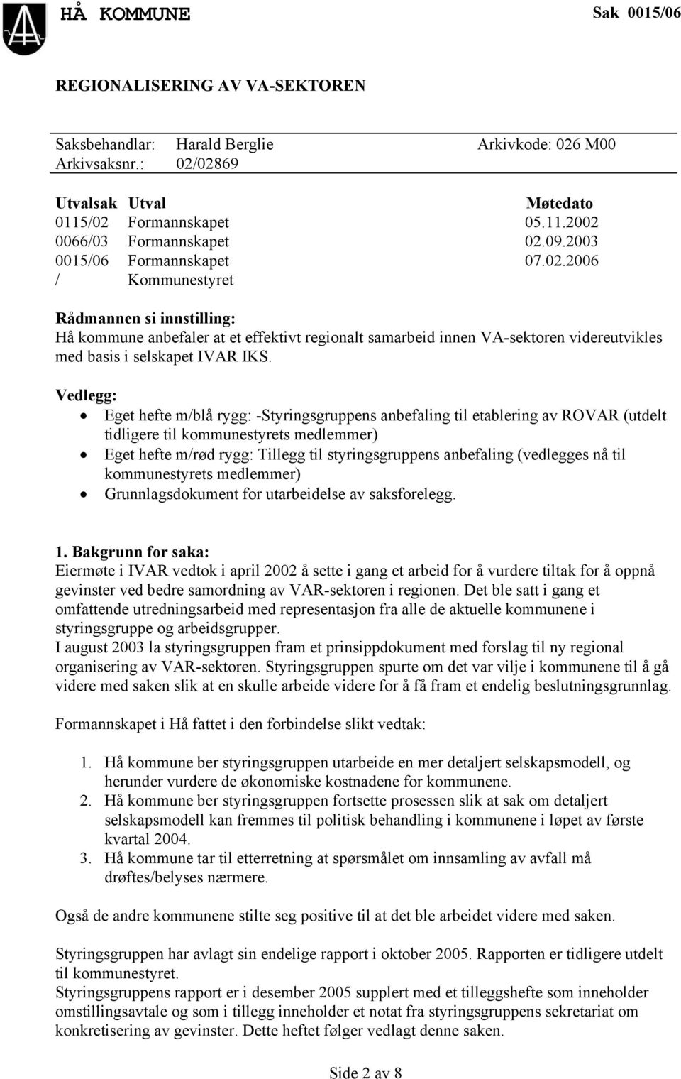 2006 / Kommunestyret Rådmannen si innstilling: Hå kommune anbefaler at et effektivt regionalt samarbeid innen VA-sektoren videreutvikles med basis i selskapet IVAR IKS.