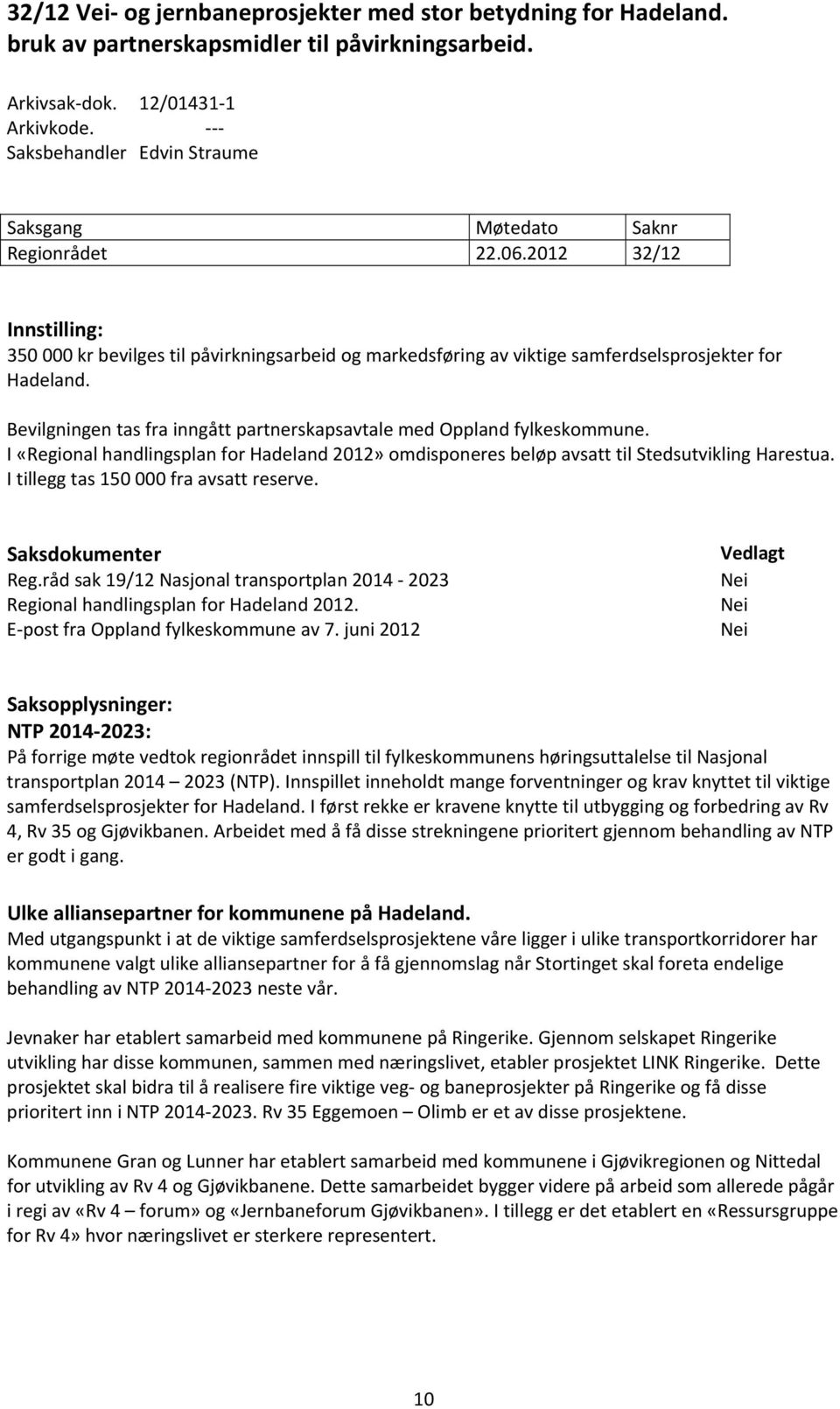 Bevilgningen tas fra inngått partnerskapsavtale med Oppland fylkeskommune. I «Regional handlingsplan for Hadeland 2012» omdisponeres beløp avsatt til Stedsutvikling Harestua.