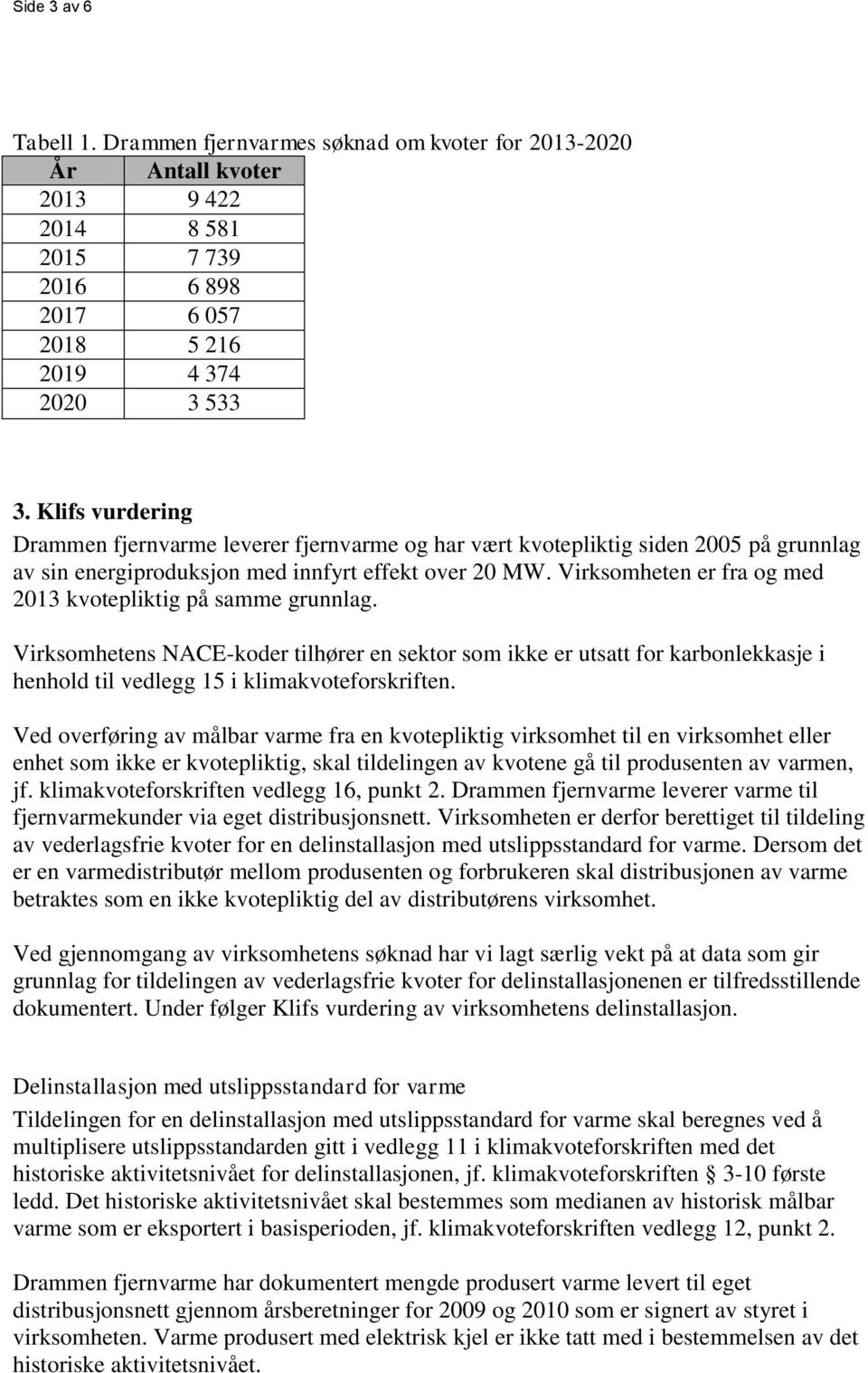 Virksomheten er fra og med 2013 kvotepliktig på samme grunnlag. Virksomhetens NACE-koder tilhører en sektor som ikke er utsatt for karbonlekkasje i henhold til vedlegg 15 i klimakvoteforskriften.