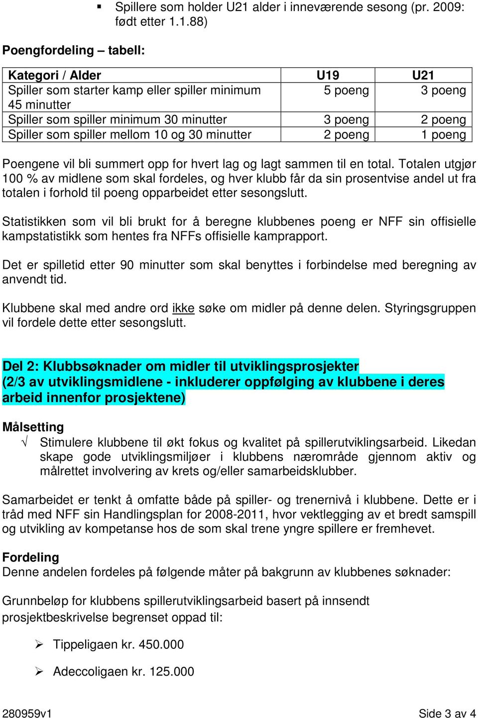 1.88) Kategori / Alder U19 U21 Spiller som starter kamp eller spiller minimum 5 poeng 3 poeng 45 minutter Spiller som spiller minimum 30 minutter 3 poeng 2 poeng Spiller som spiller mellom 10 og 30