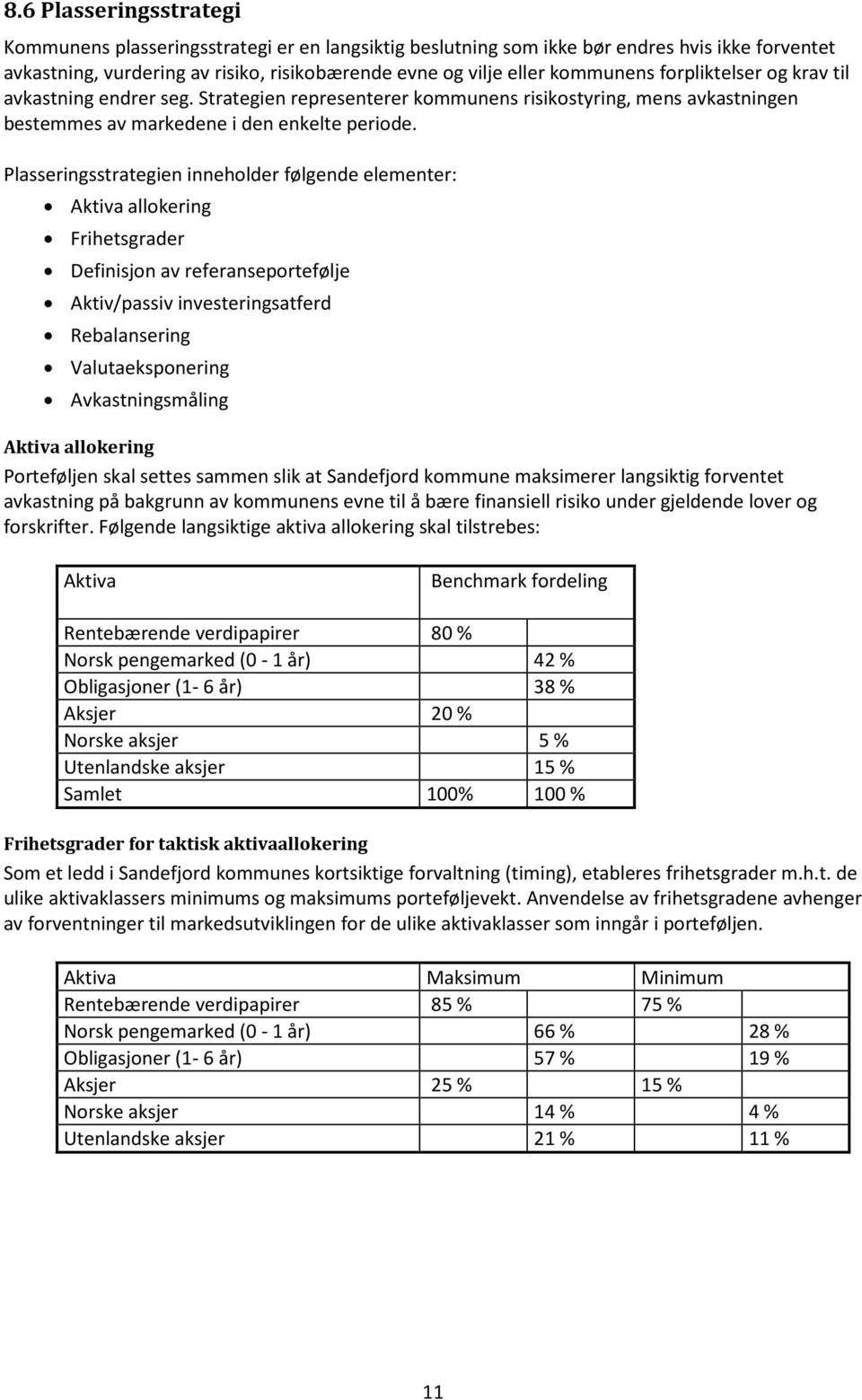 Plasseringsstrategien inneholder følgende elementer: Aktiva allokering Frihetsgrader Definisjon av referanseportefølje Aktiv/passiv investeringsatferd Rebalansering Valutaeksponering