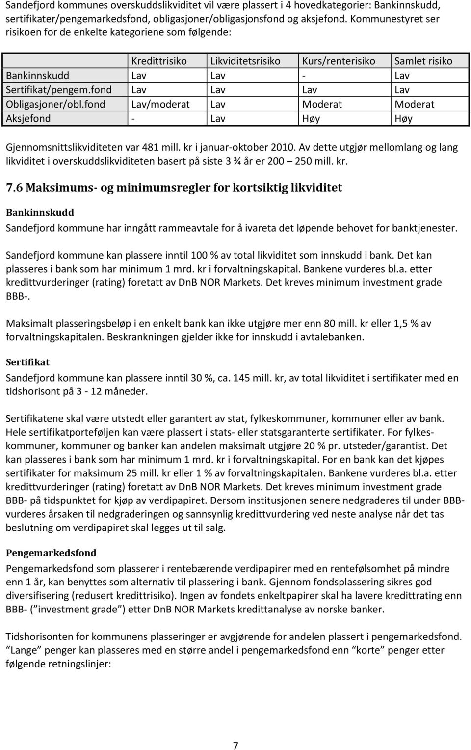 fond Lav Lav Lav Lav Obligasjoner/obl.fond Lav/moderat Lav Moderat Moderat Aksjefond - Lav Høy Høy Gjennomsnittslikviditeten var 481 mill. kr i januar-oktober 2010.