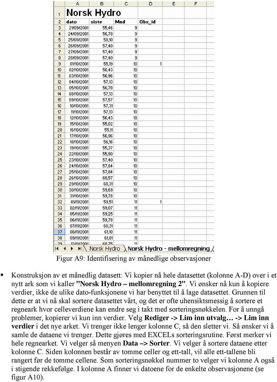 Grunnen til dette er at vi nå skal sortere datasettet vårt, og det er ofte uhensiktsmessig å sortere et regneark hvor celleverdiene kan endre seg i takt med sorteringsnøkkelen.