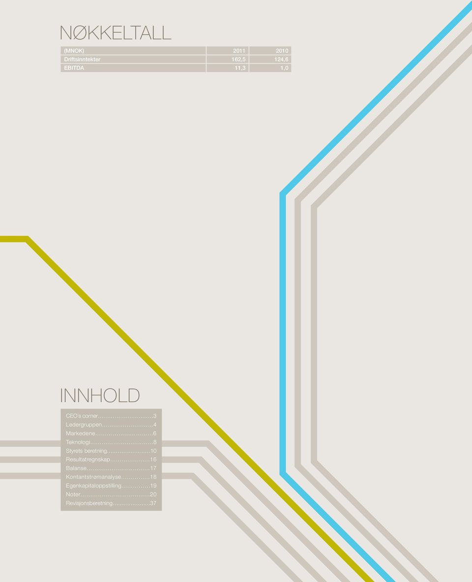 corner 3 Ledergruppen 4 Markedene 6 Teknologi 8 Styrets beretning 10 Resultatregnskap 16