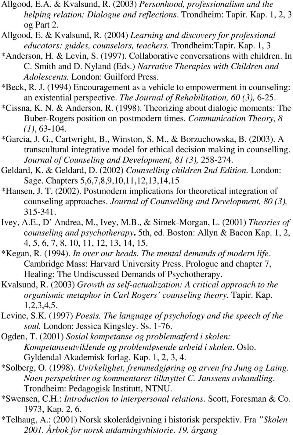 London: Guilford Press. *Beck, R. J. (1994) Encouragement as a vehicle to empowerment in counseling: an existential perspective. The Journal of Rehabilitation, 60 (3), 6-25. *Cissna, K. N.