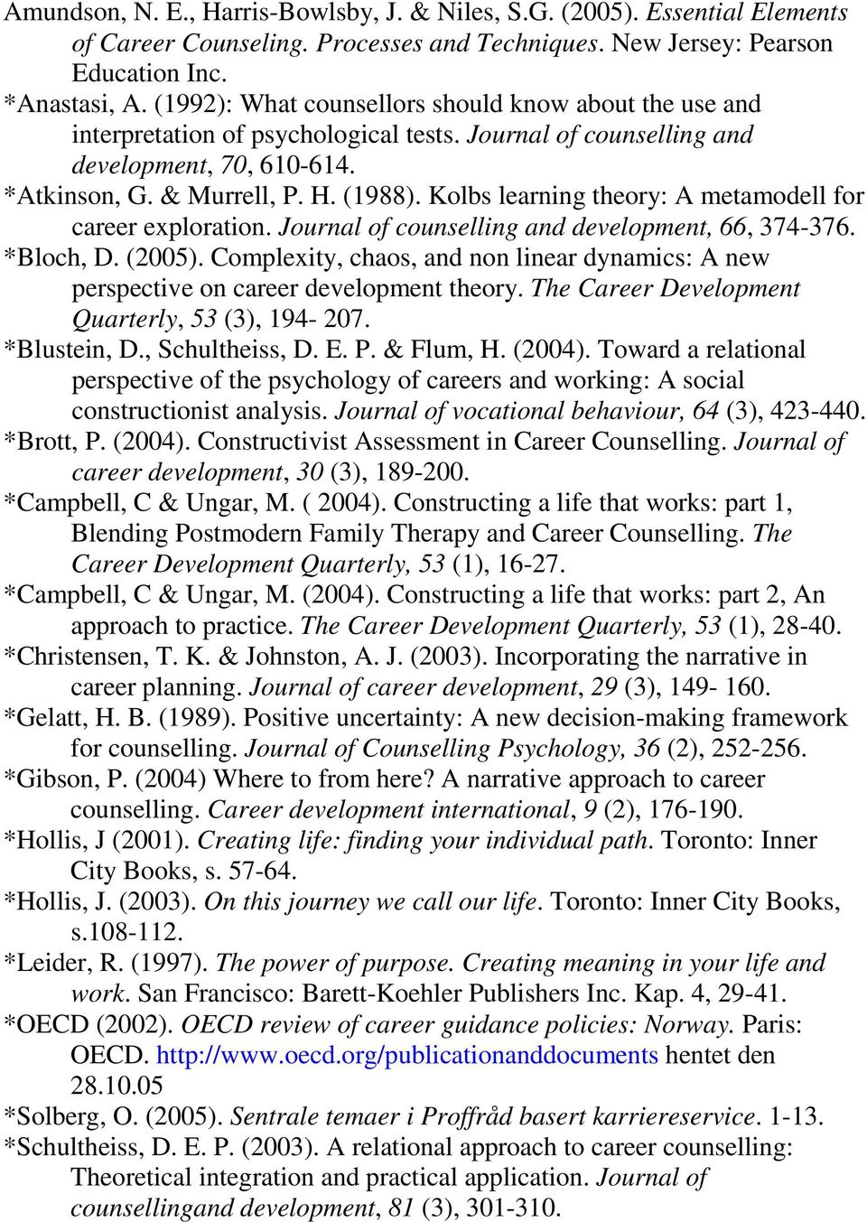 Kolbs learning theory: A metamodell for career exploration. Journal of counselling and development, 66, 374-376. *Bloch, D. (2005).