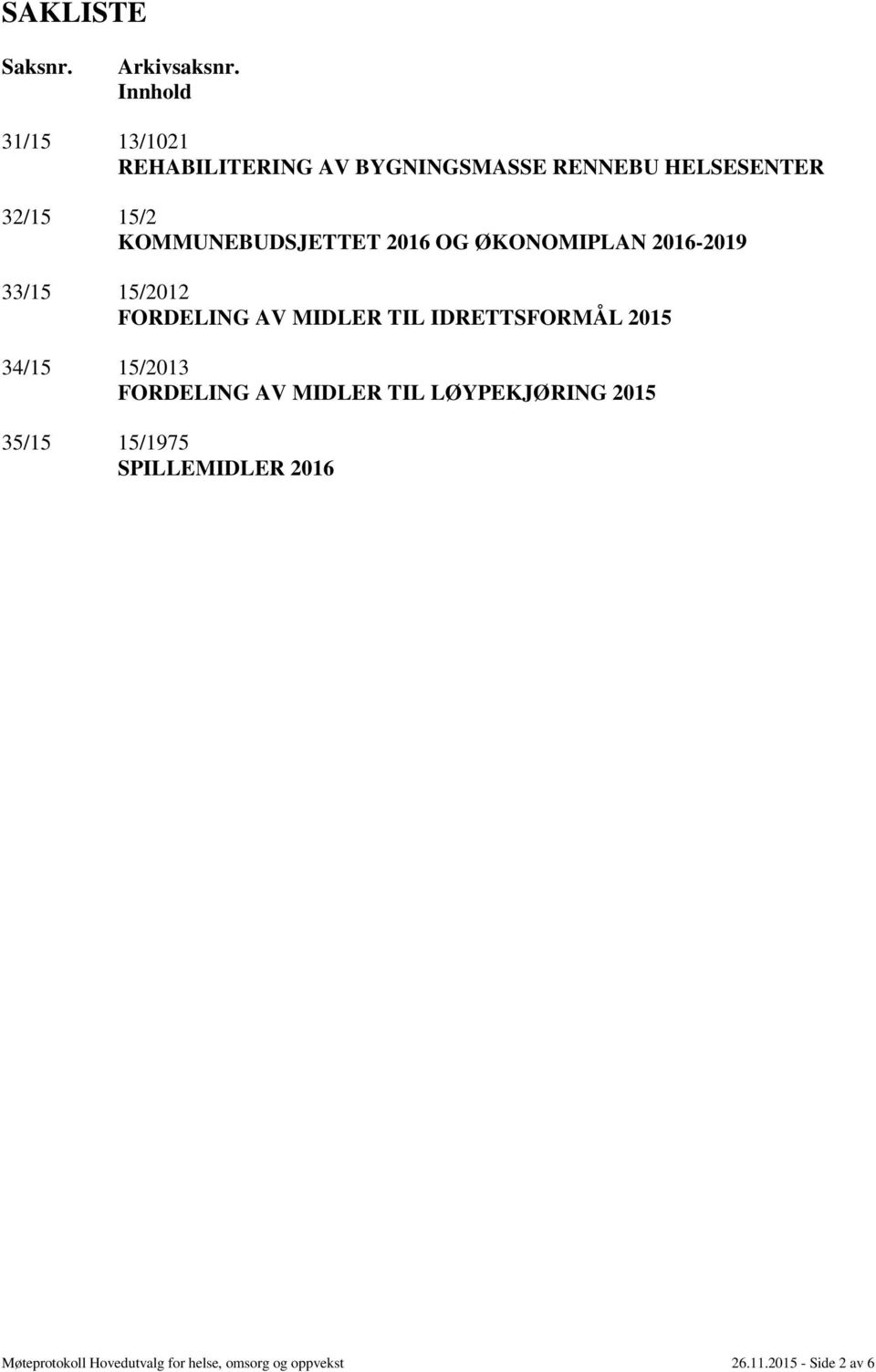 KOMMUNEBUDSJETTET 2016 OG ØKONOMIPLAN 2016-2019 33/15 15/2012 FORDELING AV MIDLER TIL