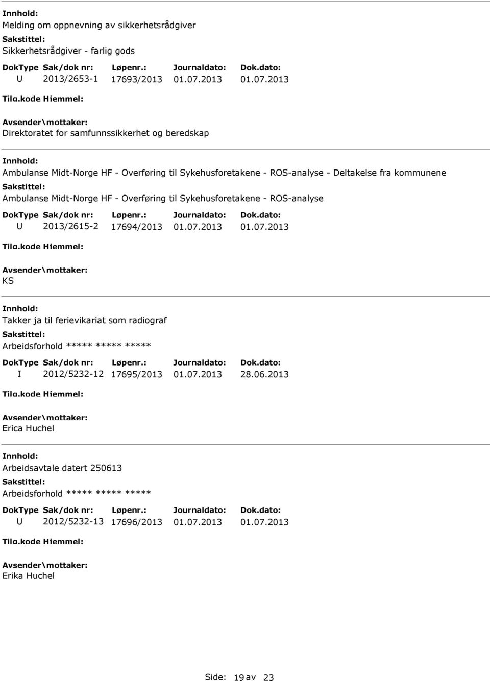 Overføring til Sykehusforetakene - ROS-analyse 2013/2615-2 17694/2013 KS Takker ja til ferievikariat som radiograf Arbeidsforhold ***** *****