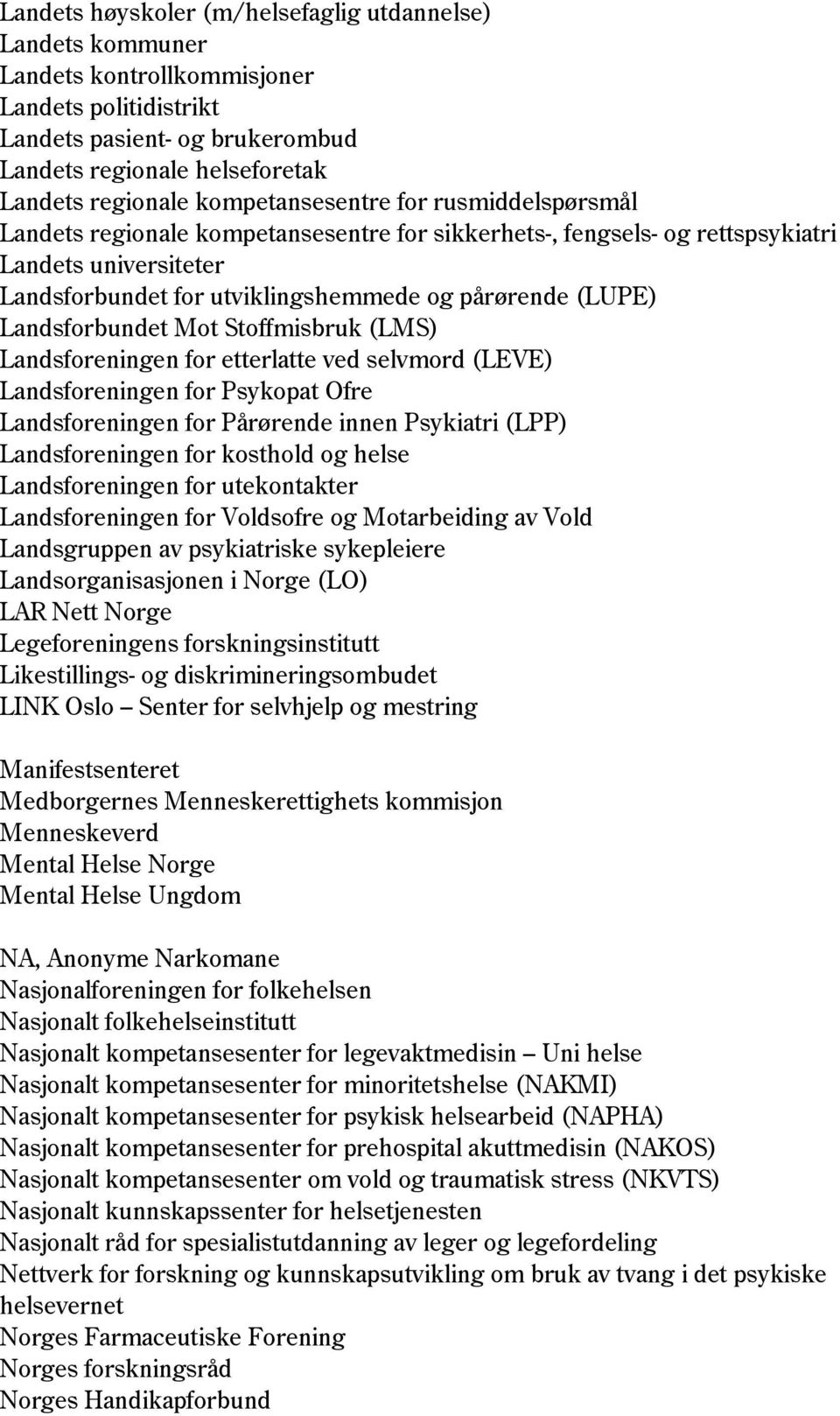 Landsforbundet Mot Stoffmisbruk (LMS) Landsforeningen for etterlatte ved selvmord (LEVE) Landsforeningen for Psykopat Ofre Landsforeningen for Pårørende innen Psykiatri (LPP) Landsforeningen for