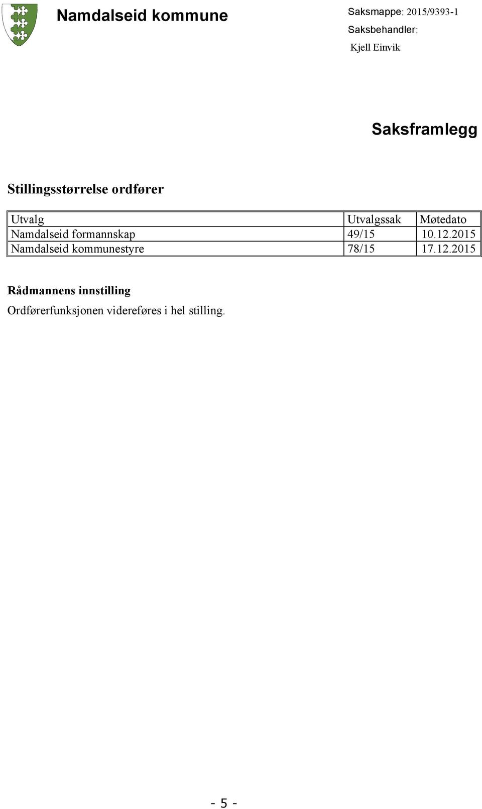 Namdalseid formannskap 49/15 10.12.2015 Namdalseid kommunestyre 78/15 17.