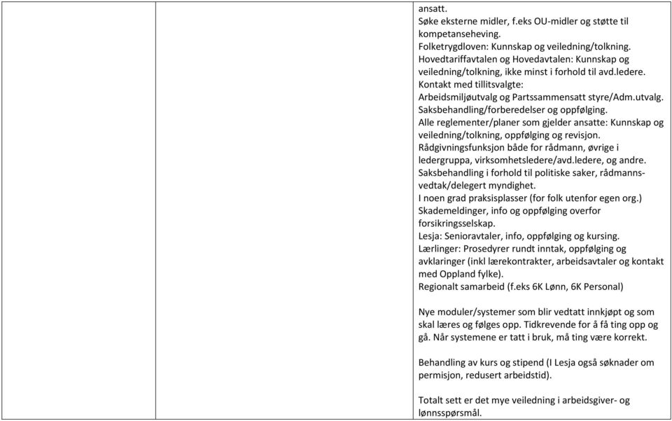 Alle reglementer/planer som gjelder ansatte: Kunnskap og veiledning/tolkning, oppfølging og revisjon. Rådgivningsfunksjon både for rådmann, øvrige i ledergruppa, virksomhetsledere/avd.