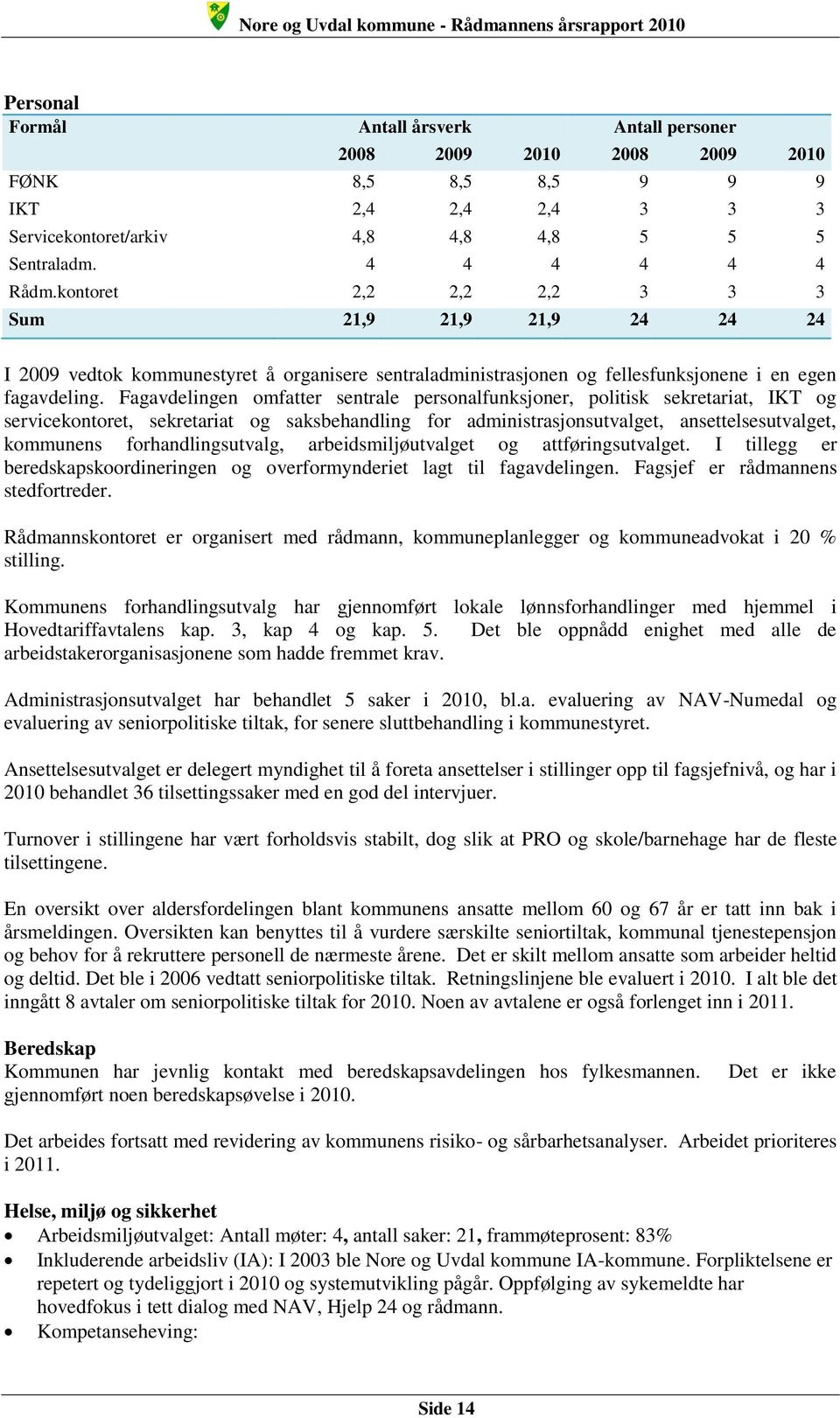 Fagavdelingen omfatter sentrale personalfunksjoner, politisk sekretariat, IKT og servicekontoret, sekretariat og saksbehandling for administrasjonsutvalget, ansettelsesutvalget, kommunens