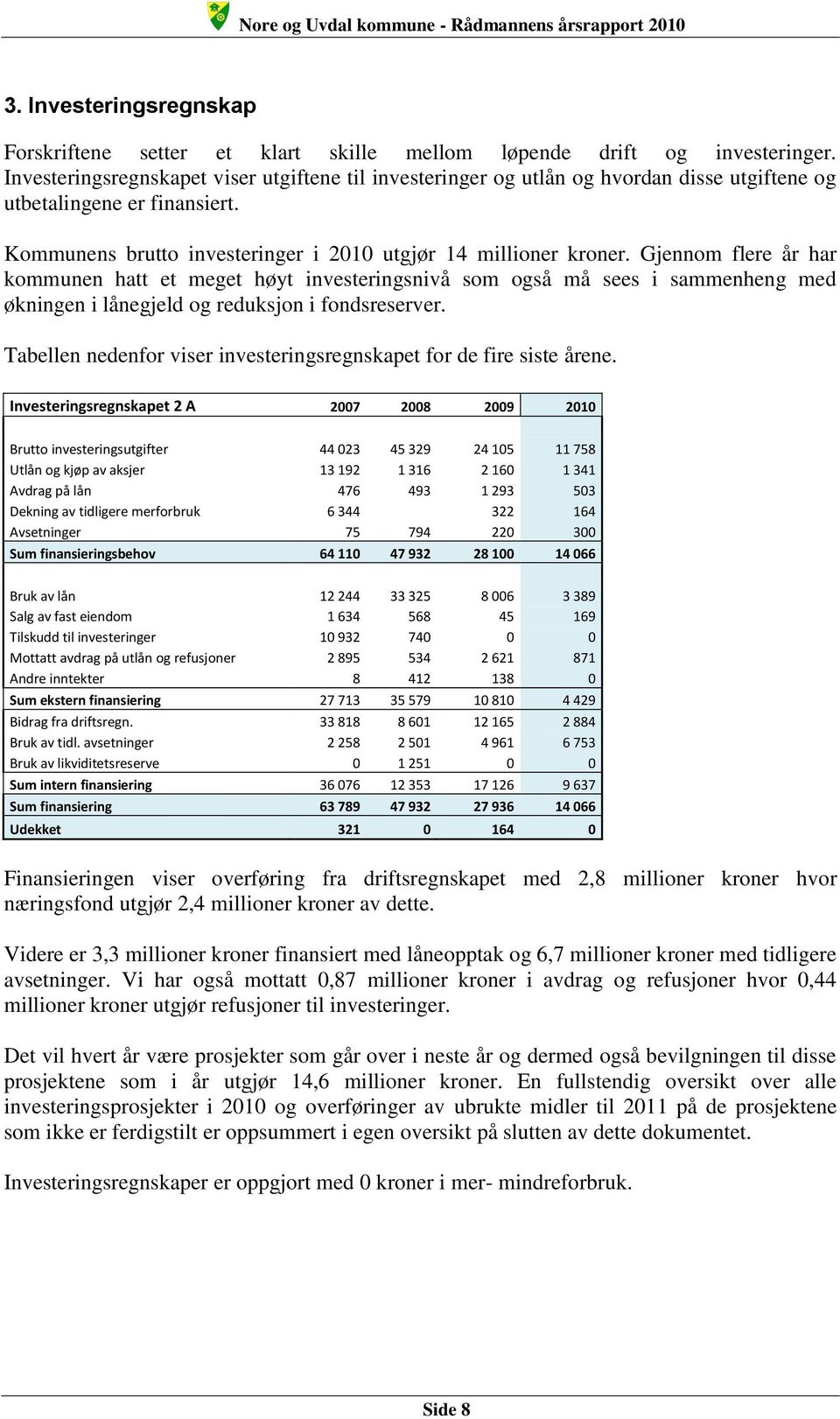 Gjennom flere år har kommunen hatt et meget høyt investeringsnivå som også må sees i sammenheng med økningen i lånegjeld og reduksjon i fondsreserver.