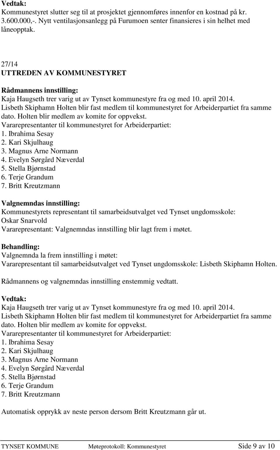 Lisbeth Skiphamn Holten blir fast medlem til kommunestyret for Arbeiderpartiet fra samme dato. Holten blir medlem av komite for oppvekst. Vararepresentanter til kommunestyret for Arbeiderpartiet: 1.