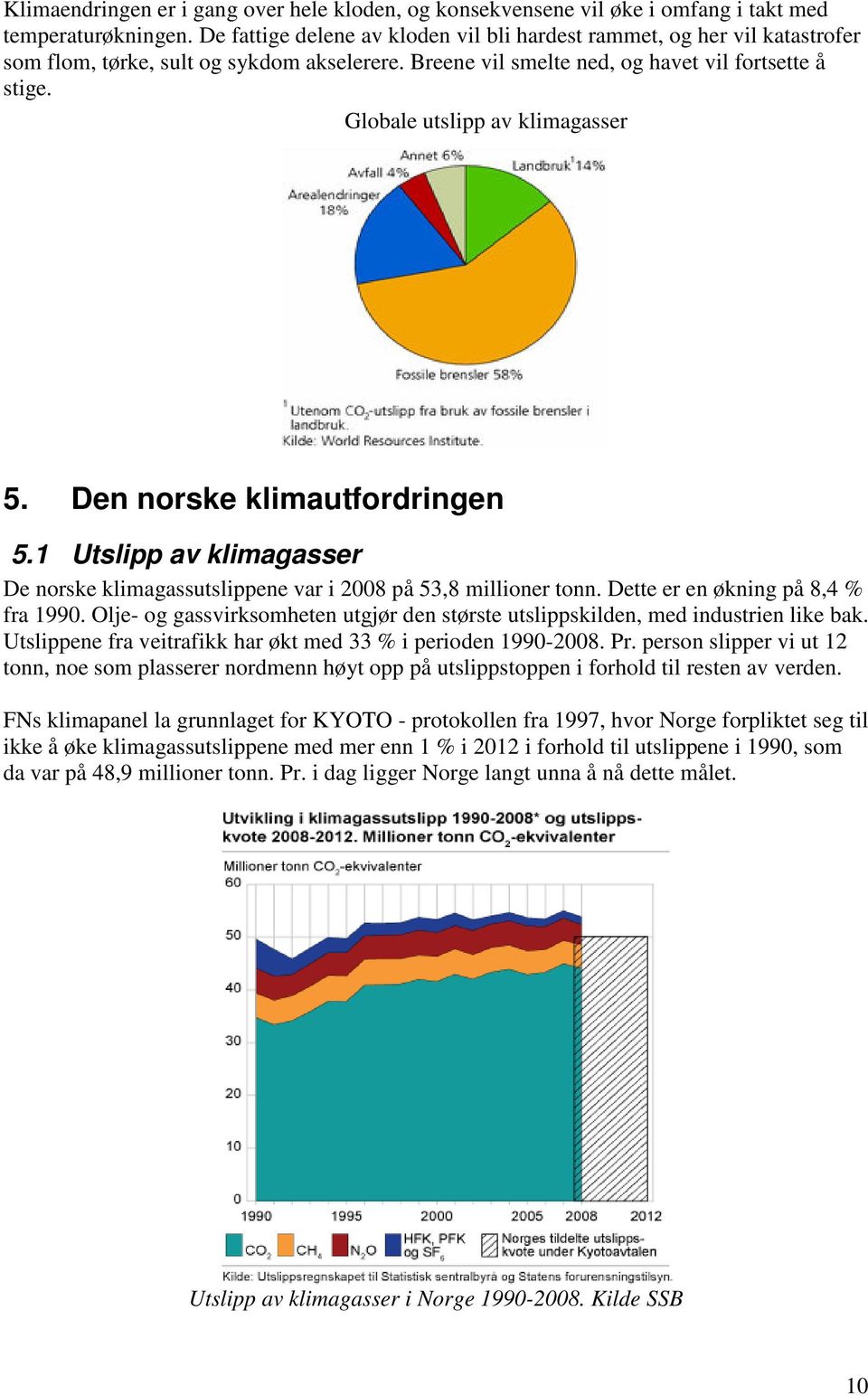 Globale utslipp av klimagasser 5. Den norske klimautfordringen 5.1 Utslipp av klimagasser De norske klimagassutslippene var i 2008 på 53,8 millioner tonn. Dette er en økning på 8,4 % fra 1990.