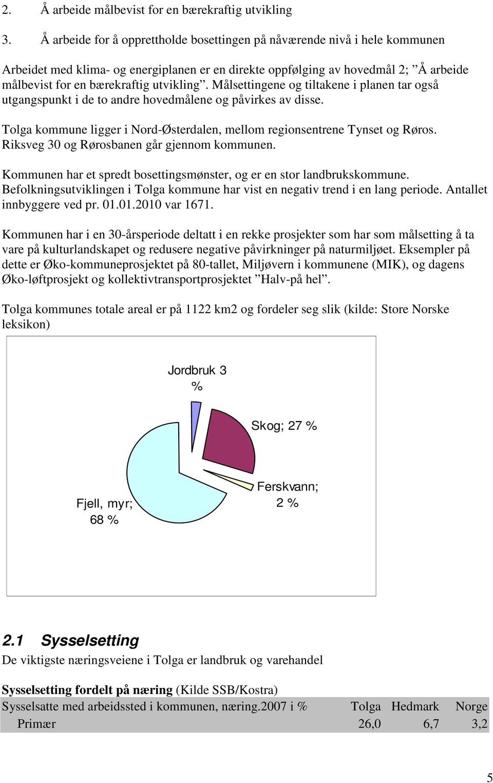 Målsettingene og tiltakene i planen tar også utgangspunkt i de to andre hovedmålene og påvirkes av disse. Tolga kommune ligger i Nord-Østerdalen, mellom regionsentrene Tynset og Røros.