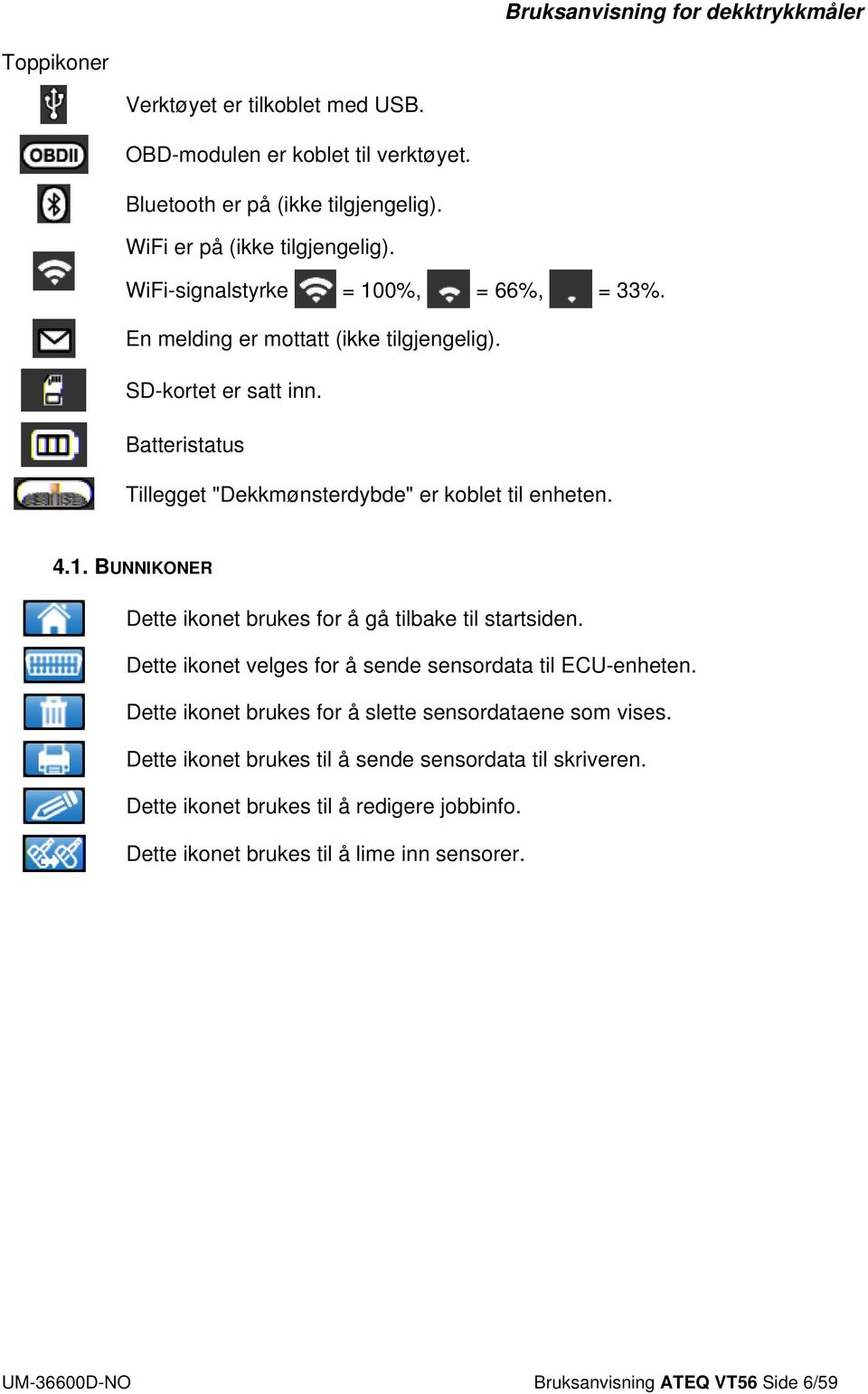 Dette ikonet velges for å sende sensordata til ECU-enheten. Dette ikonet brukes for å slette sensordataene som vises. Dette ikonet brukes til å sende sensordata til skriveren.