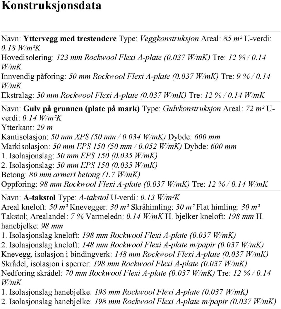 14 Navn: Gulv på grunnen (plate på mark) Type: Gulvkonstruksjon Areal: 72 m² U- verdi: 0.14 W/m²K Ytterkant: 29 m Kantisolasjon: 50 mm XPS (50 mm / 0.