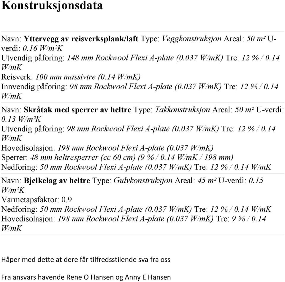 13 W/m²K Utvendig påforing: 98 mm Rockwool Flexi A-plate (0.037 ) Tre: 12 % / 0.14 Hovedisolasjon: 198 mm Rockwool Flexi A-plate (0.037 ) Sperrer: 48 mm heltresperrer (cc 60 cm) (9 % / 0.