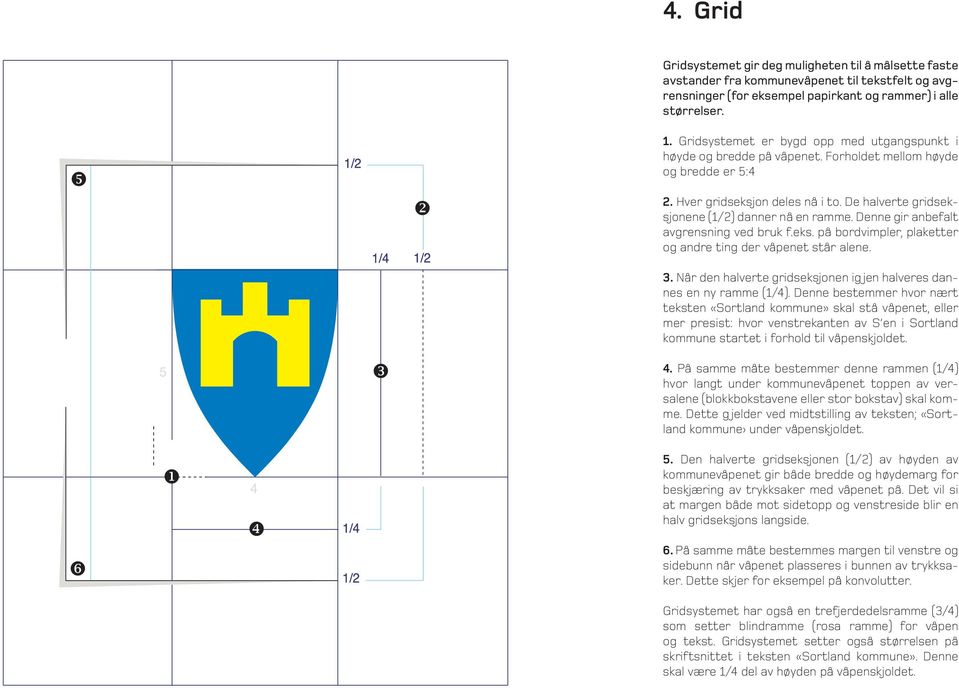 Denne gir anbefalt avgrensning ved bruk f.eks. på bordvimpler, plaketter og andre ting der våpenet står alene. 3. Når den halverte gridseksjonen ig jen halveres dannes en ny ramme (1/4).