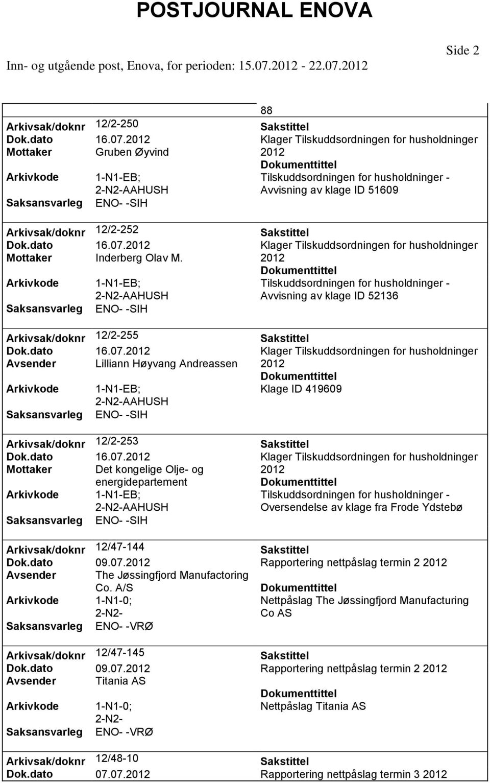 Klager Tilskuddsordningen for husholdninger Avsender Lilliann Høyvang Andreassen Klage ID 419609 AAHUSH Arkivsak/doknr 12/2-253 Dok.dato 16.07.