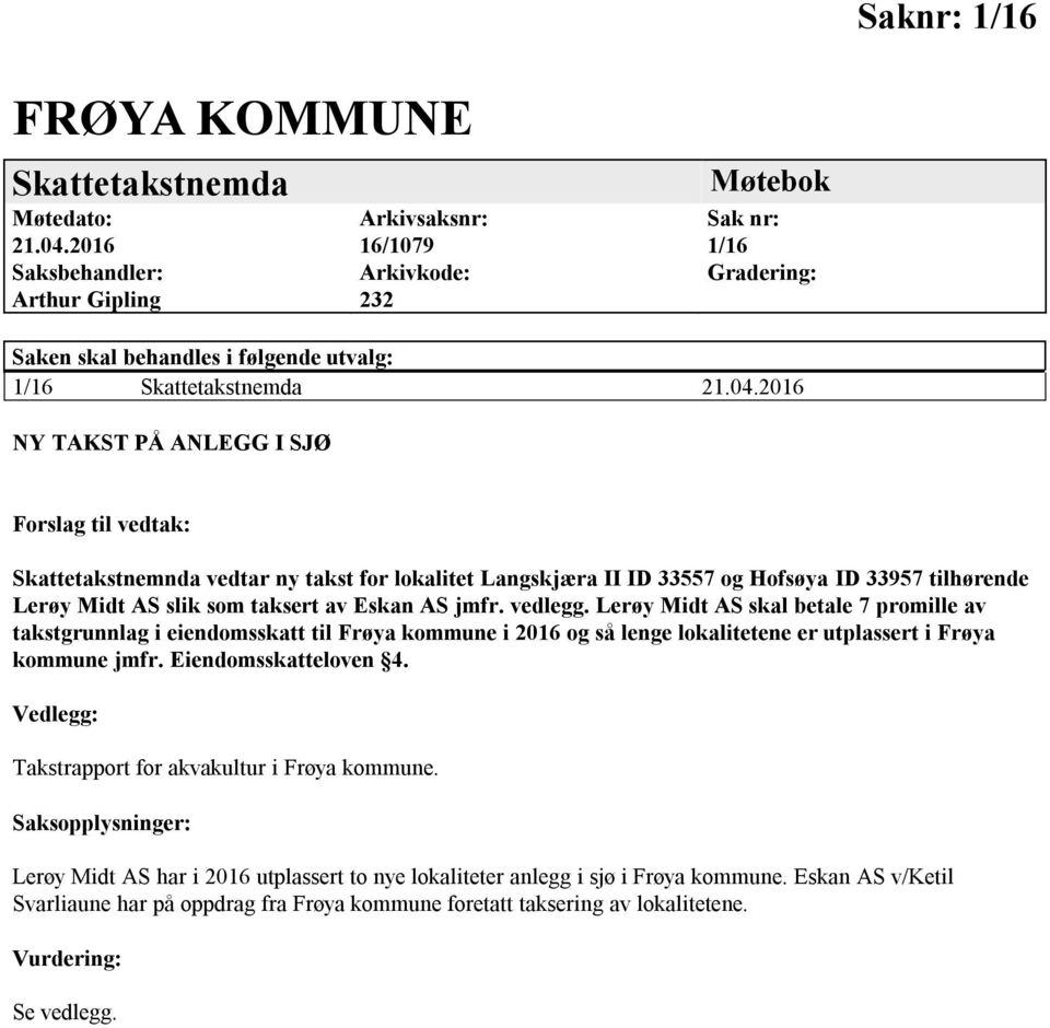 2016 Forslag til vedtak: Skattetakstnemnda vedtar ny takst for lokalitet Langskjæra II ID 33557 og Hofsøya ID 33957 tilhørende Lerøy Midt AS slik som taksert av Eskan AS jmfr. vedlegg.