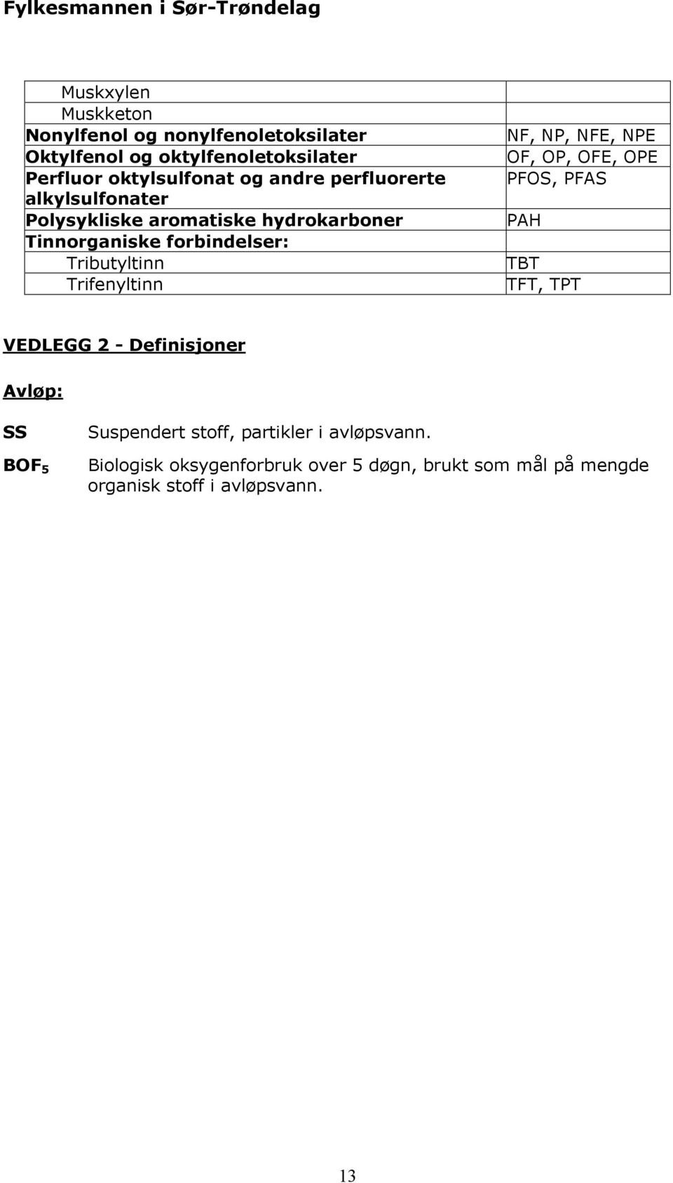 Trifenyltinn NF, NP, NFE, NPE OF, OP, OFE, OPE PFOS, PFAS PAH TBT TFT, TPT VEDLEGG 2 - Definisjoner Avløp: SS BOF 5