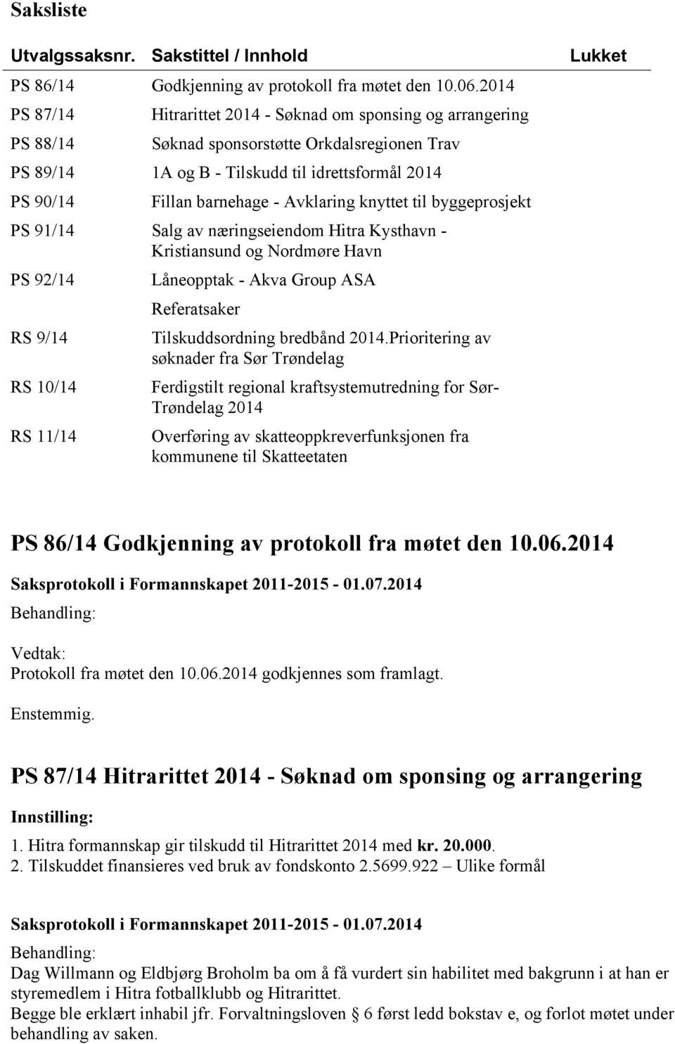 Avklaring knyttet til byggeprosjekt PS 91/14 Salg av næringseiendom Hitra Kysthavn - Kristiansund og Nordmøre Havn PS 92/14 RS 9/14 RS 10/14 RS 11/14 Låneopptak - Akva Group ASA Referatsaker