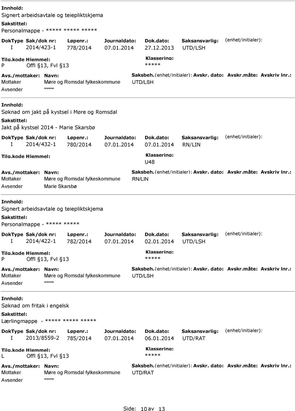 Avskr. dato: Avskr.måte: Avskriv lnr.: Mottaker Møre og Romsdal fylkeskommune RN/LN Marie Skarsbø nnhold: Signert arbeidsavtale og teiepliktskjema Personalmappe - 2014/422-1 782/2014 02.01.2014 TD/LSH P Avs.