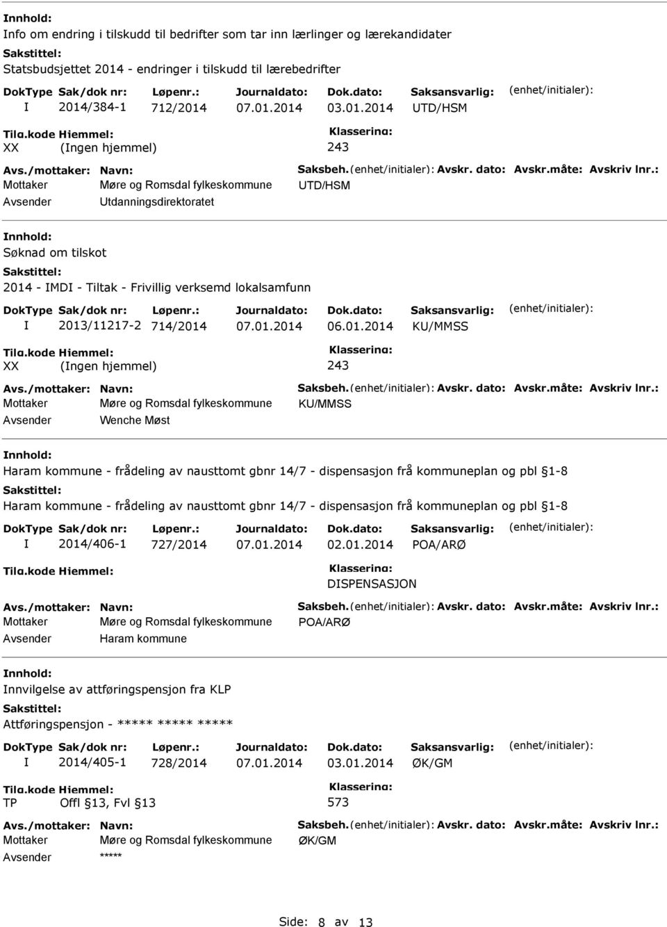 : Mottaker Møre og Romsdal fylkeskommune TD/HSM tdanningsdirektoratet nnhold: Søknad om tilskot 2014 - MD - Tiltak - Frivillig verksemd lokalsamfunn 2013/11217-2 714/2014 K/MMSS (ngen hjemmel) Avs.