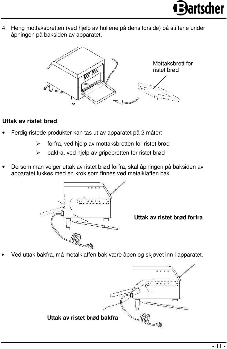 ristet brød bakfra, ved hjelp av gripebretten for ristet brød Dersom man velger uttak av ristet brød forfra, skal åpningen på baksiden av apparatet