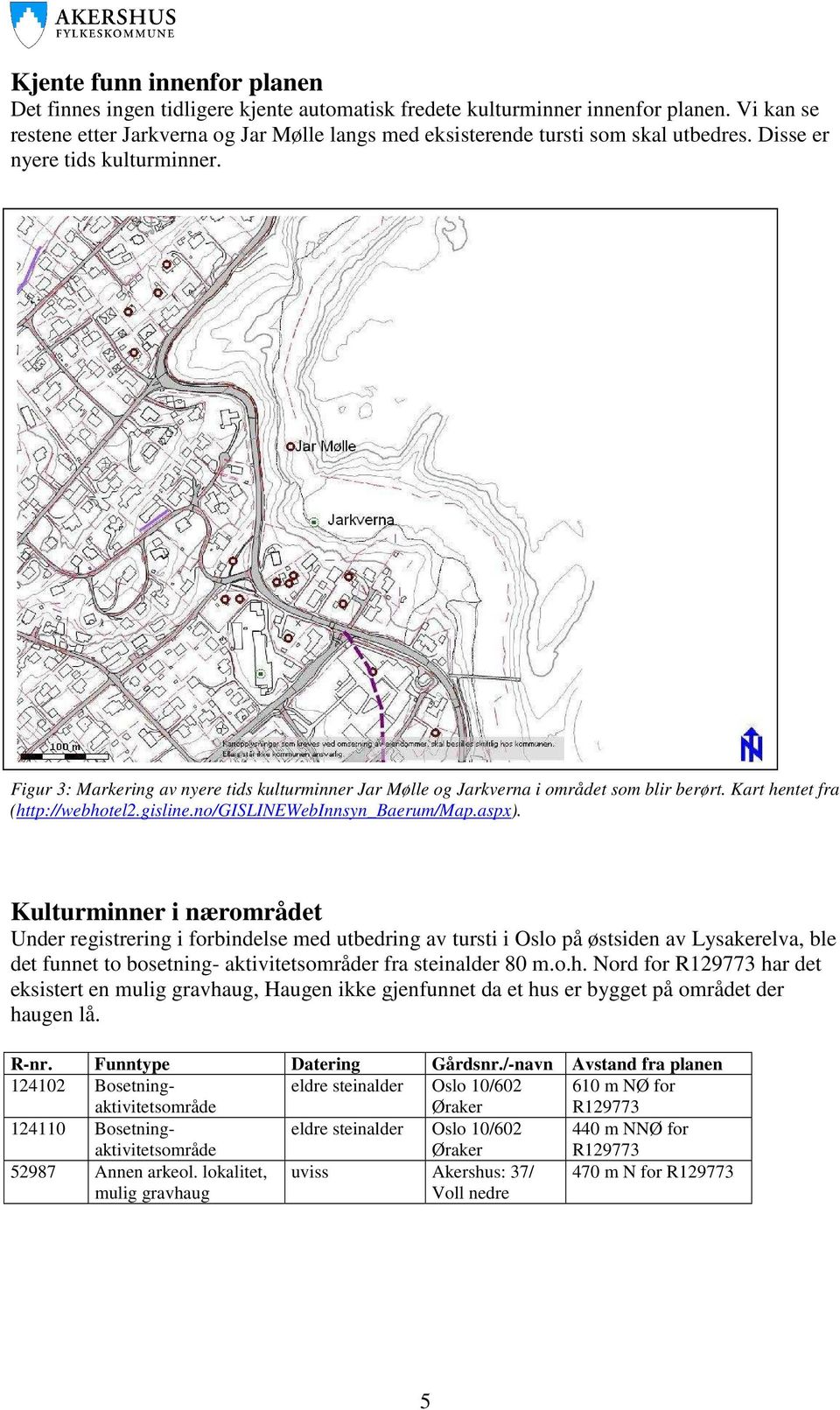 Figur 3: Markering av nyere tids kulturminner Jar Mølle og Jarkverna i området som blir berørt. Kart hentet fra (http://webhotel2.gisline.no/gislinewebinnsyn_baerum/map.aspx).