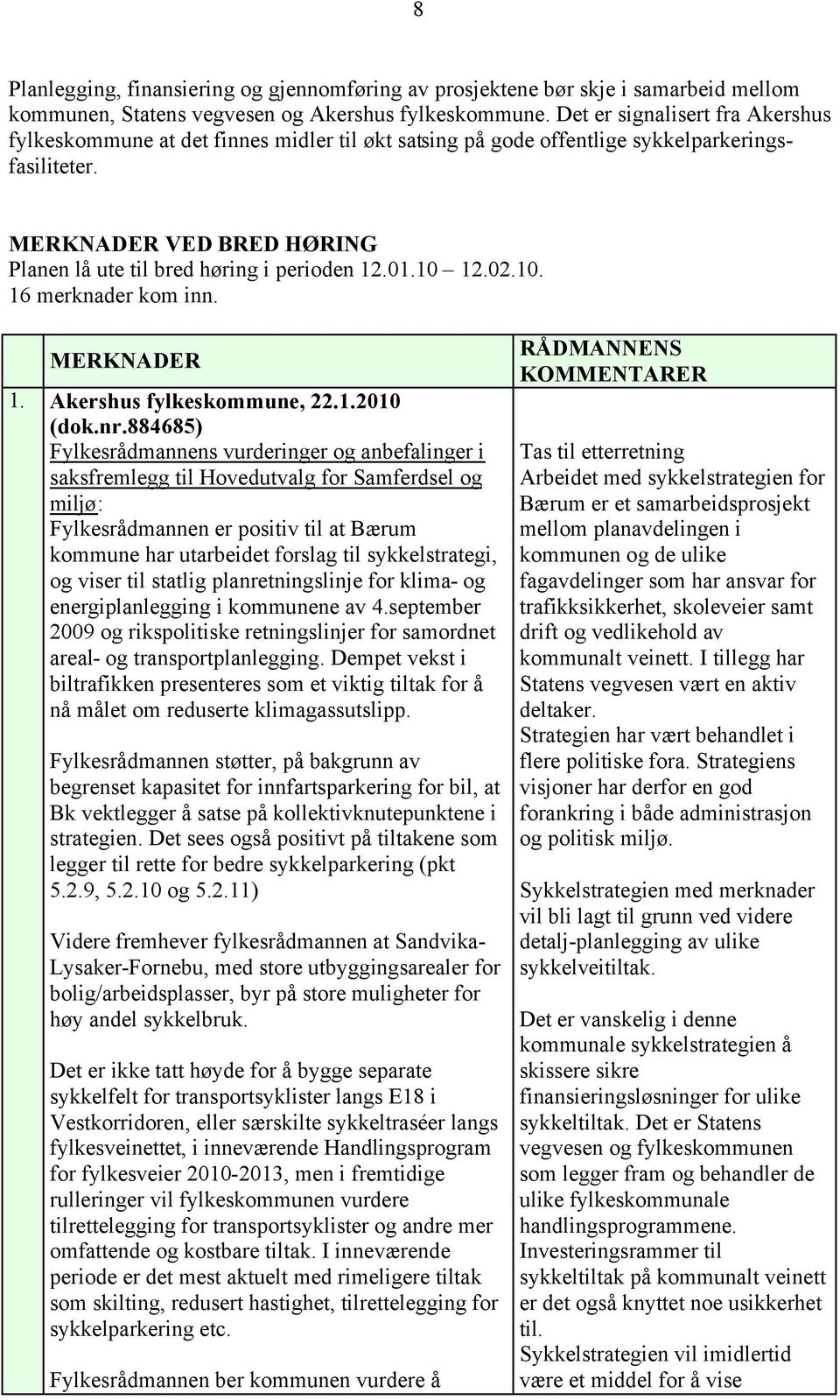 02.10. 16 merknader kom inn. 1. Akershus fylkeskommune, 22.1.2010 (dok.nr.