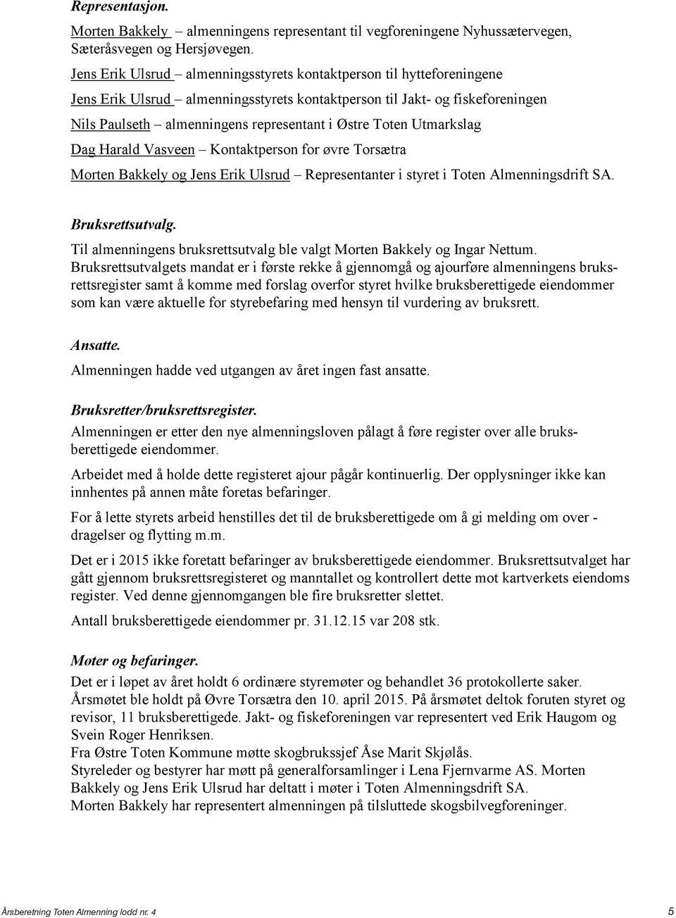 Toten Utmarkslag Dag Harald Vasveen Kontaktperson for øvre Torsætra Morten Bakkely og Jens Erik Ulsrud Representanter i styret i Toten Almenningsdrift SA. Bruksrettsutvalg.