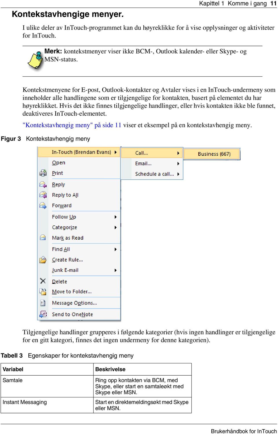 Kontekstmenyene for E-post, Outlook-kontakter og Avtaler vises i en InTouch-undermeny som inneholder alle handlingene som er tilgjengelige for kontakten, basert på elementet du har høyreklikket.