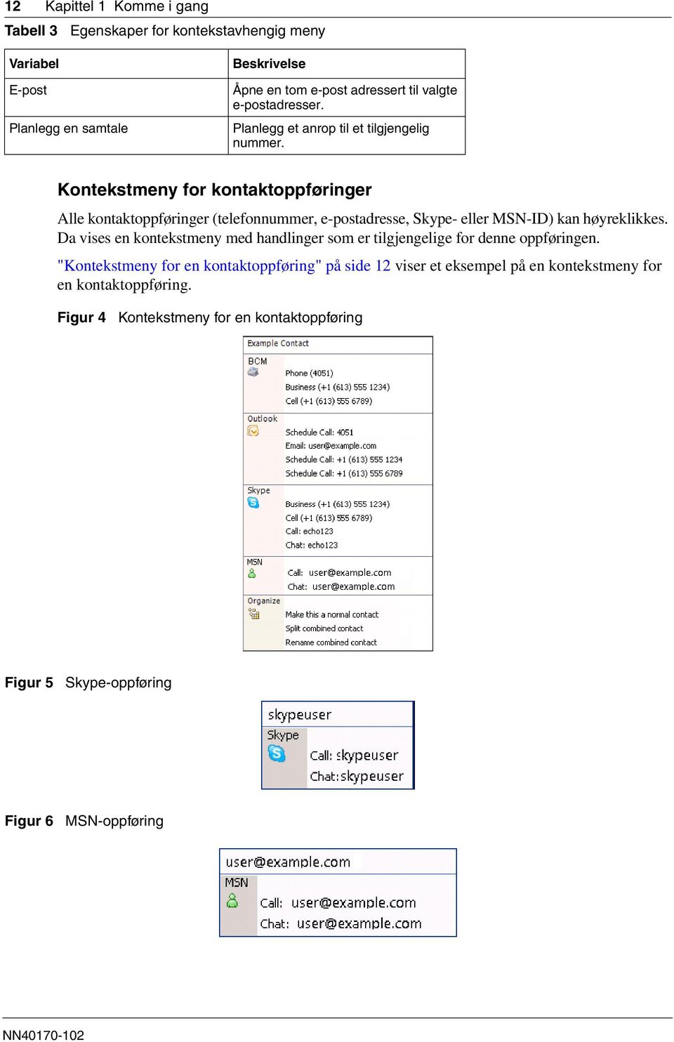 Kontekstmeny for kontaktoppføringer Alle kontaktoppføringer (telefonnummer, e-postadresse, Skype- eller MSN-ID) kan høyreklikkes.