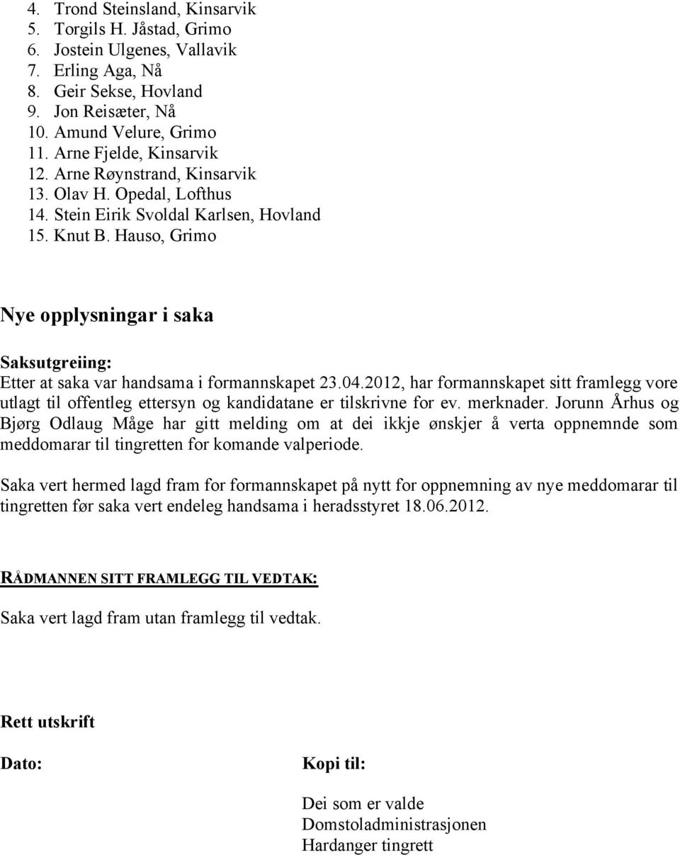 Hauso, Grimo Nye opplysningar i saka Etter at saka var handsama i formannskapet 23.04.2012, har formannskapet sitt framlegg vore utlagt til offentleg ettersyn og kandidatane er tilskrivne for ev.