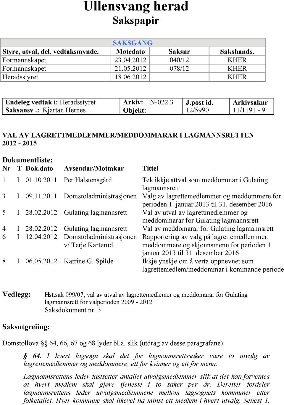 12/5990 Arkivsaknr 11/1191-9 VAL AV LAGRETTMEDLEMMER/MEDDOMMARAR I LAGMANNSRETTEN 2012-2015 Dokumentliste: Nr T Dok.dato Avsendar/Mottakar Tittel 1 I 01.10.