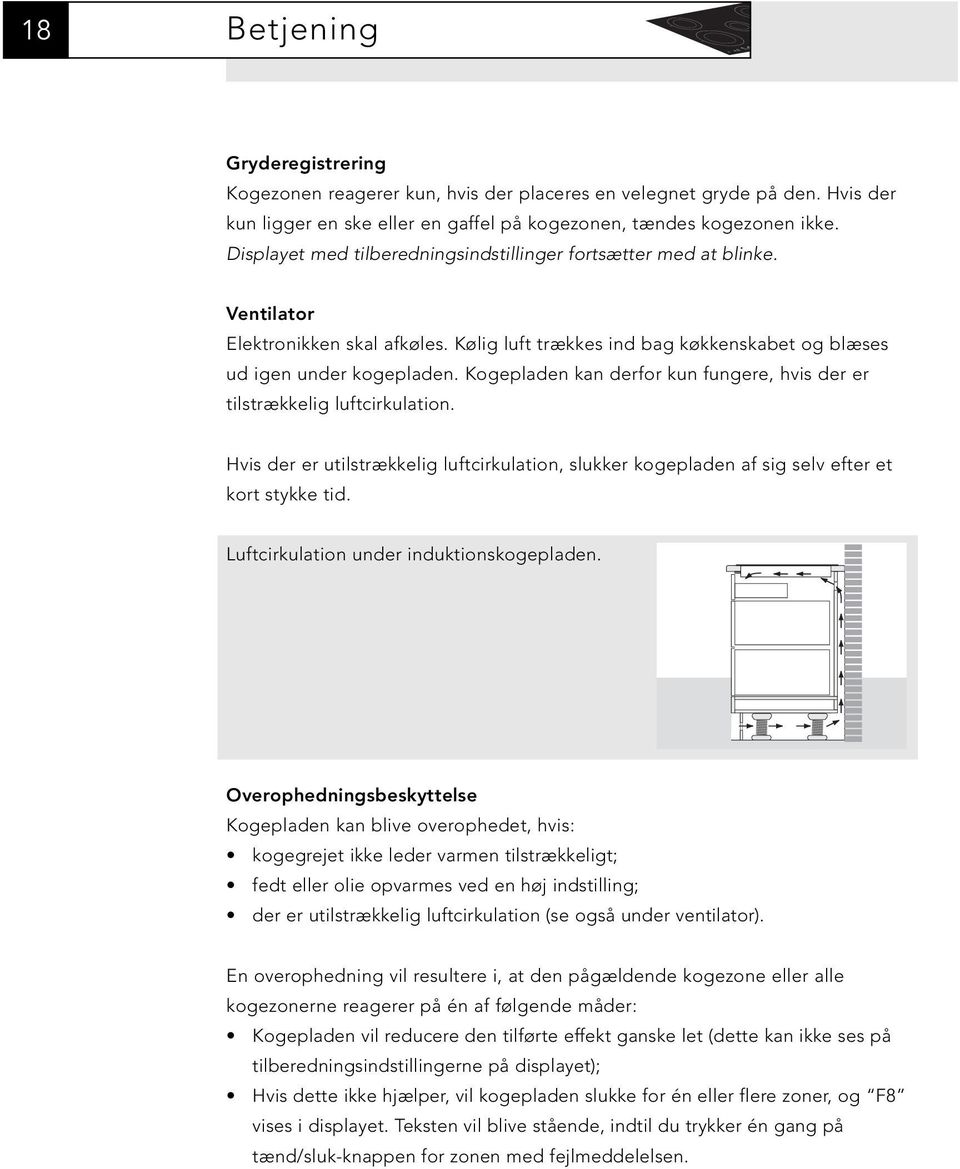 Kogepladen kan derfor kun fungere, hvis der er tilstrækkelig luftcirkulation. Hvis der er utilstrækkelig luftcirkulation, slukker kogepladen af sig selv efter et kort stykke tid.