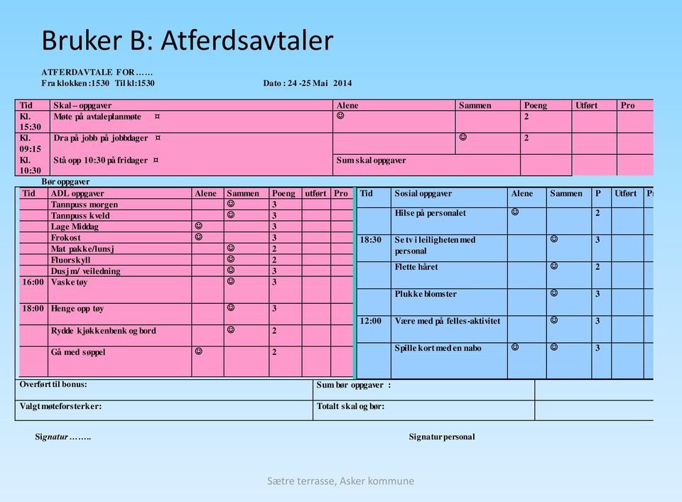 Stå opp 10:30 på fridager Sum skal oppgaver 10:30 Bør oppgaver Tid ADL oppgaver Alene Sammen Poeng utført Pro Tid Sosial oppgaver Alene Sammen P Utført Pro Tannpuss morgen 3 Tannpuss kveld 3 Hilse på