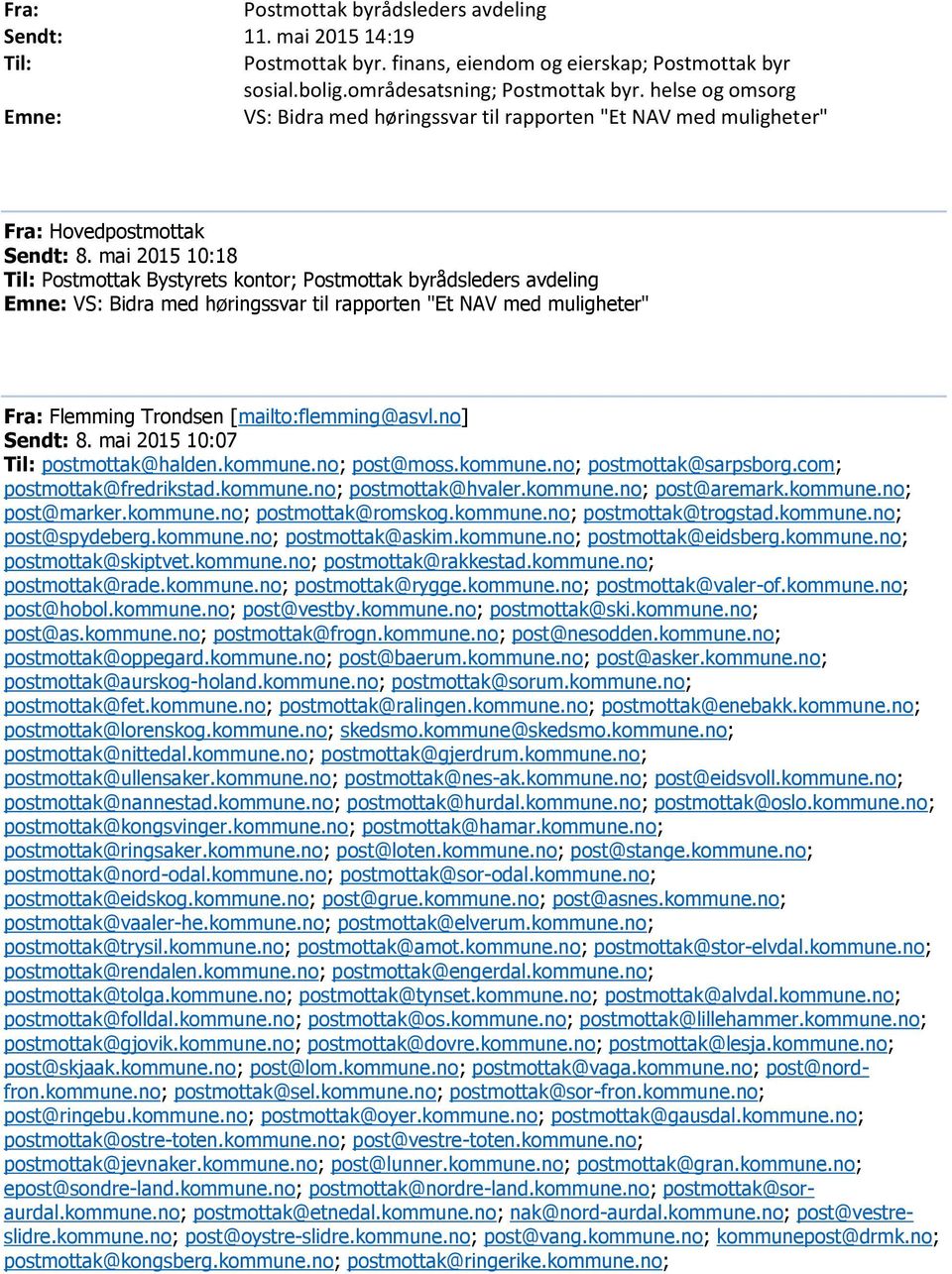 mai 2015 10:18 Til: Postmottak Bystyrets kontor; Postmottak byrådsleders avdeling Emne: VS: Bidra med høringssvar til rapporten "Et NAV med muligheter" Fra: Flemming Trondsen [mailto:flemming@asvl.