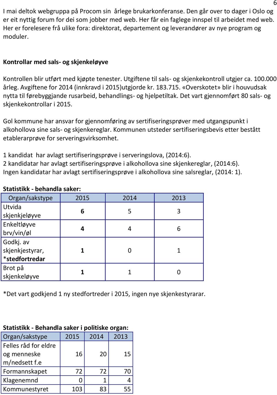 Utgiftene til sals- og skjenkekontroll utgjer ca. 100.000 årleg. Avgiftene for 2014 (innkravd i 2015)utgjorde kr. 183.715.