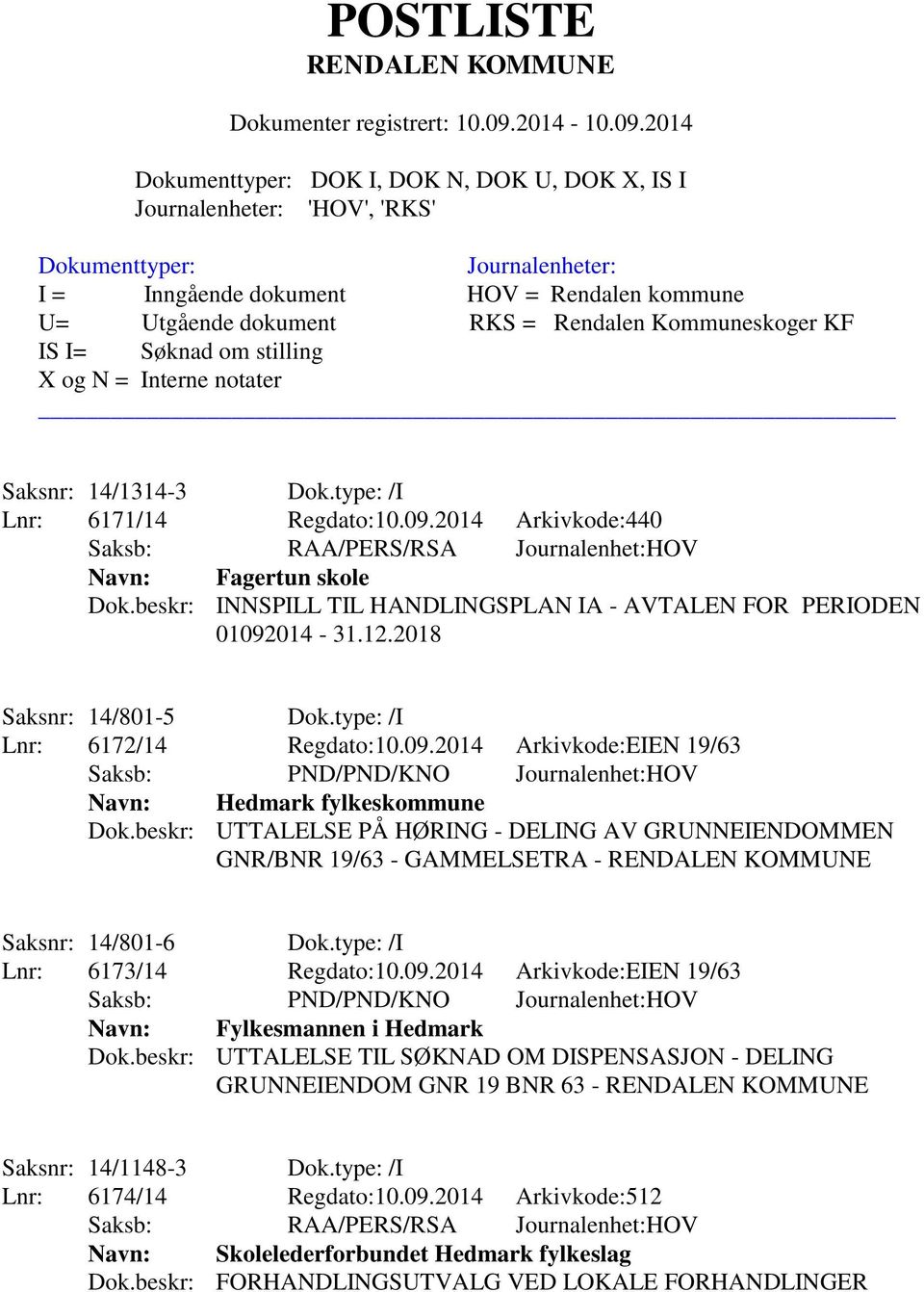 beskr: UTTALELSE PÅ HØRING - DELING AV GRUNNEIENDOMMEN GNR/BNR 19/63 - GAMMELSETRA - Saksnr: 14/801-6 Dok.type: /I Lnr: 6173/14 Regdato:10.09.