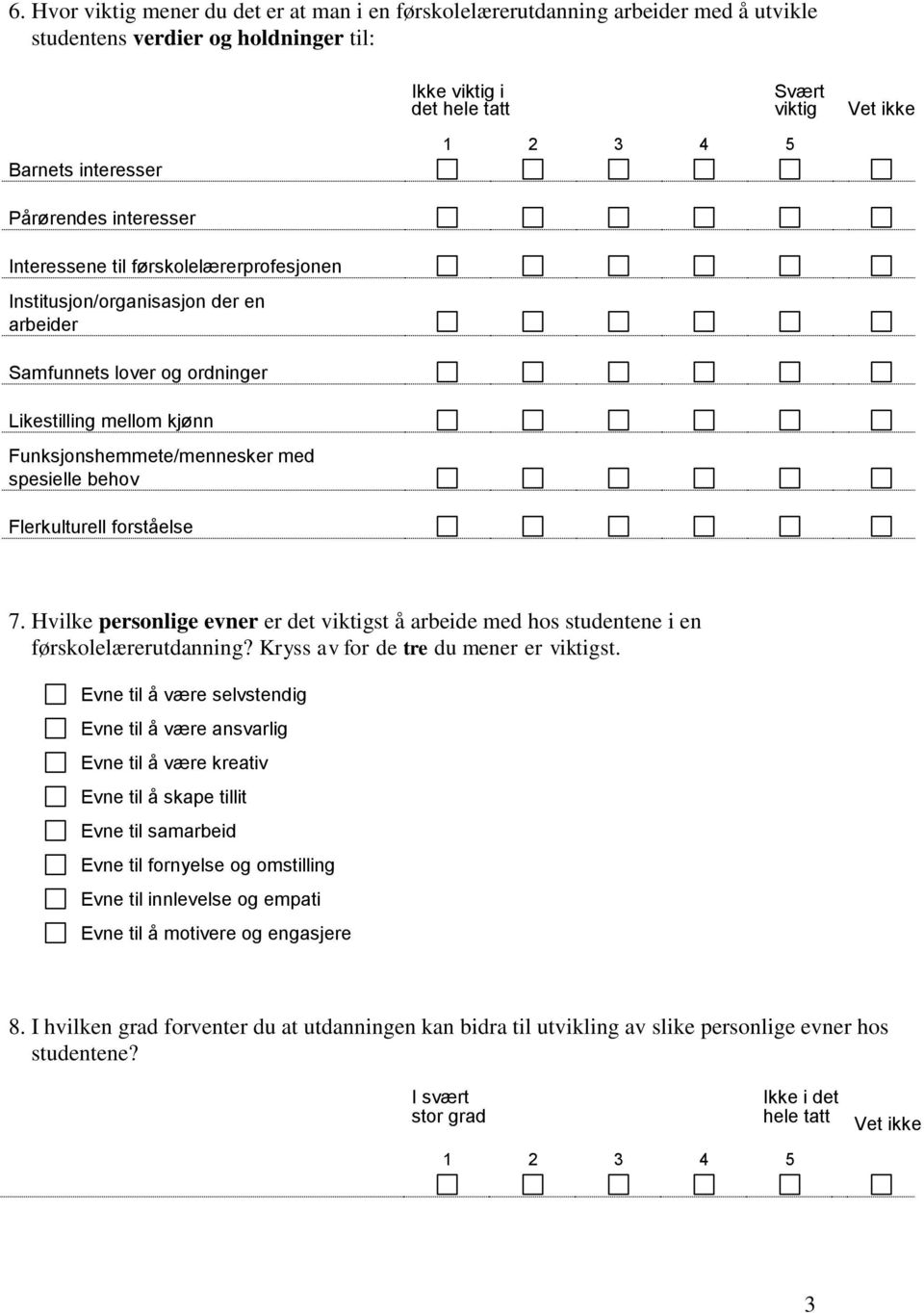 Flerkulturell forståelse 7. Hvilke personlige evner er det viktigst å arbeide med hos studentene i en førskolelærerutdanning? Kryss av for de tre du mener er viktigst.