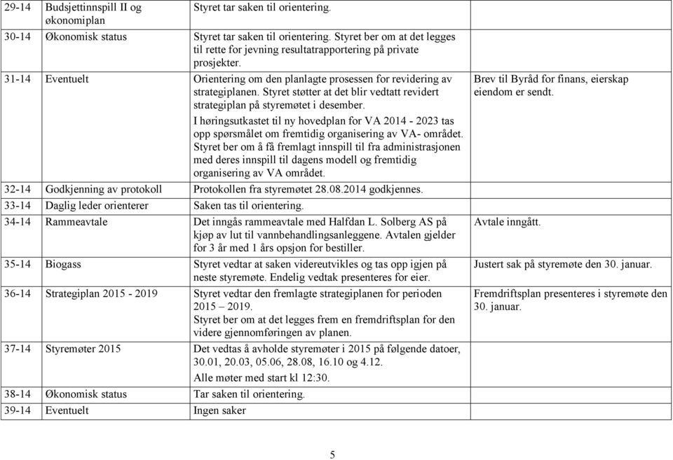 Styret støtter at det blir vedtatt revidert strategiplan på styremøtet i desember. I høringsutkastet til ny hovedplan for VA 2014-2023 tas opp spørsmålet om fremtidig organisering av VA- området.