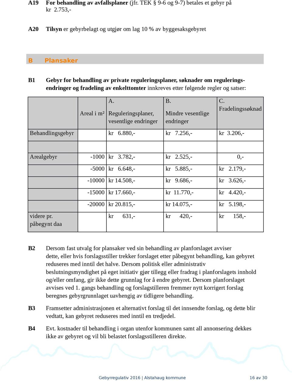 enkelttomter innkreves etter følgende regler og satser: Areal i m² A. Reguleringsplaner, vesentlige endringer B. Mindre vesentlige endringer C. Fradelingssøknad Behandlingsgebyr kr 6.880,- kr 7.